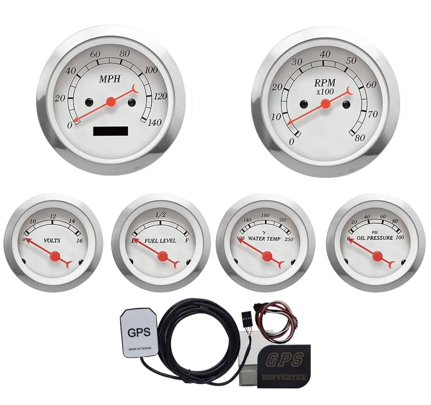 MOTOR METER RACING Classic 6 Gauge Set with GPS Electrical Speedometer Digital Odometer White Dial Red Needle Light Bulb Illumin