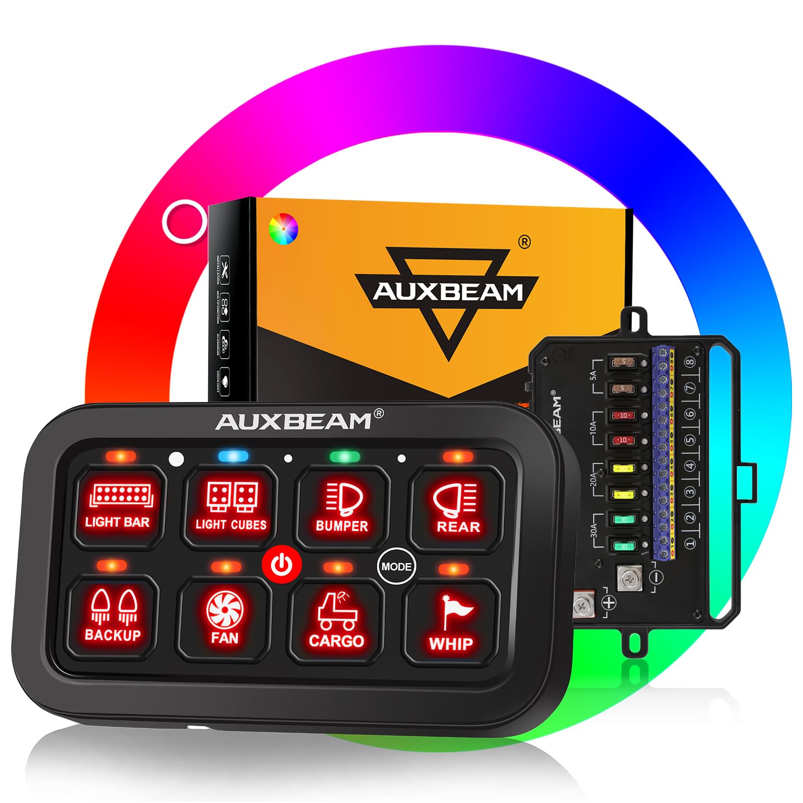 Auxbeam 8 Gang Switch Panel Ra80 Auto-Dimmable Rgb Switch Panel W/Momentary Toggle Pulsed, 12V-24V Automotive Aluminum Switch Pa