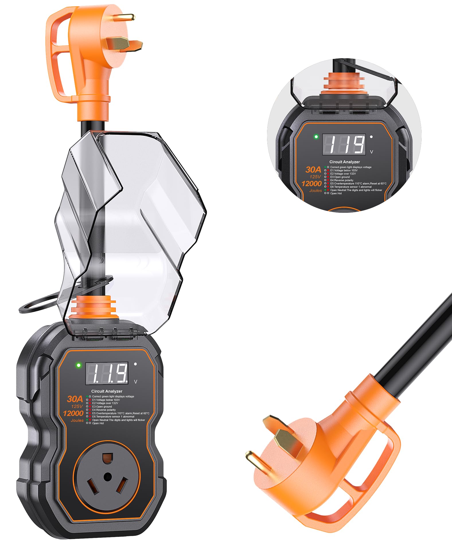 Geargo Rv Surge Protectors 30 Amp With Smart Led Display, 12000 Joules Rv Circuit Analyzer Waterproof With High/Low Voltage Prot