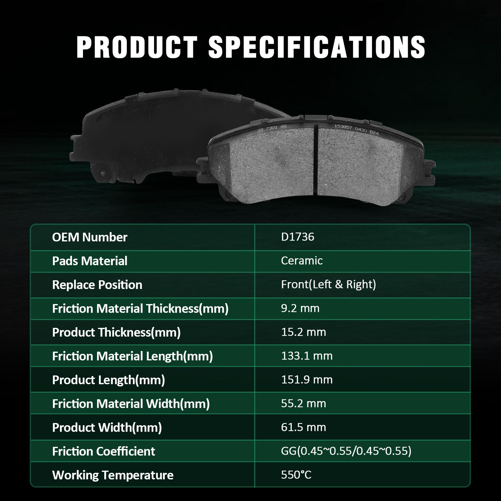 Automuto 4Pcs Front Ceramic Disc Brake Pads Set D1736 For Infiniti Q50 2014-2017 2019 2020,For Infiniti Q60 2017-2019,For Infini