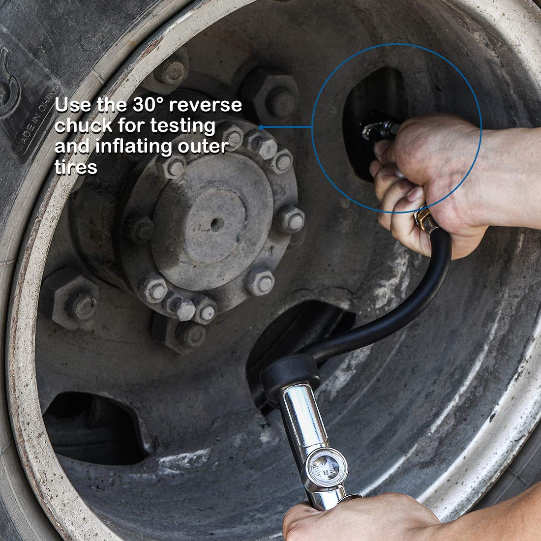 CZC AUTO Tire Inflator Air Pressure Gauge with Rubber Hose, 10-120PSI Dual Head Heavy Duty 1/4' FNPT Tyre Inflator Gage Compatible with Air Pump Compressor for Truck RV Bus Car Motorcycle Bike