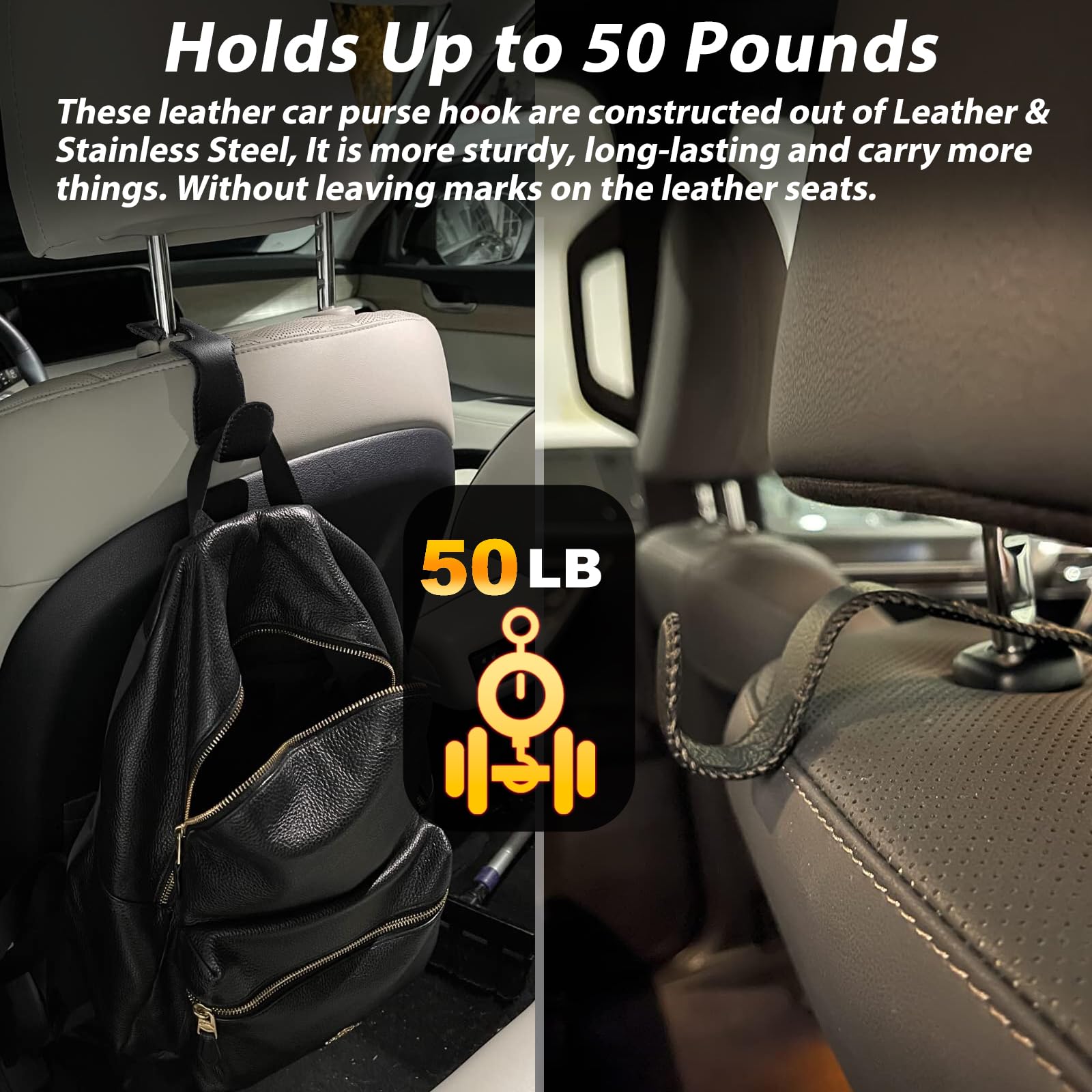 Etre Jeune Purse Hook For Car, Car Purse Holder Headrest Hook Vehicle Leather Storage Hook For Hanging Purses And Bags, 2 Pack Black