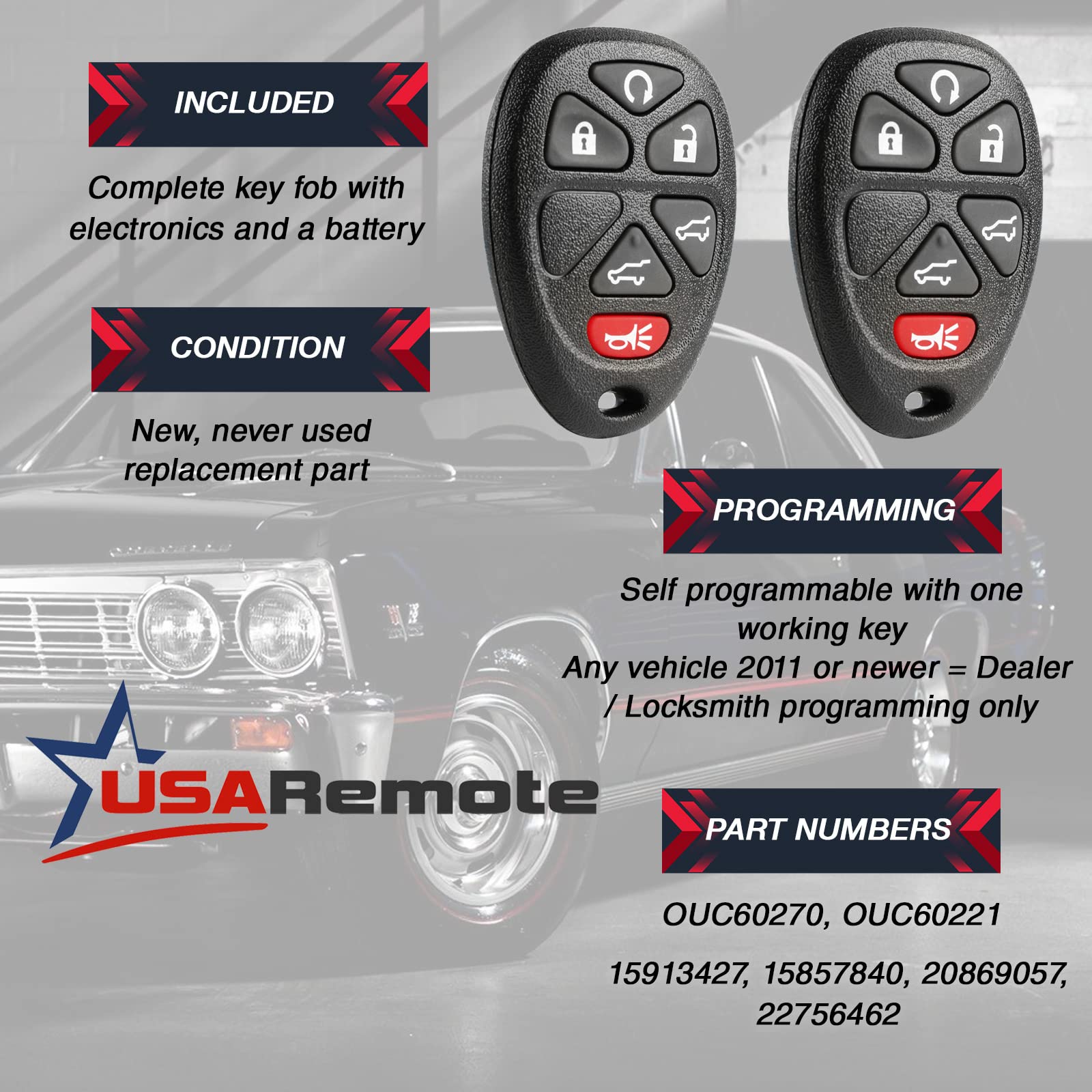 Car Key Fob Keyless Entry Remote fits 2007-2014 Chevy Tahoe Suburban / 2007-2014 Cadillac Escalade / 2007-2014 GMC Yukon (fits Part # 15913427, 20869057, 22756462), Set of 2