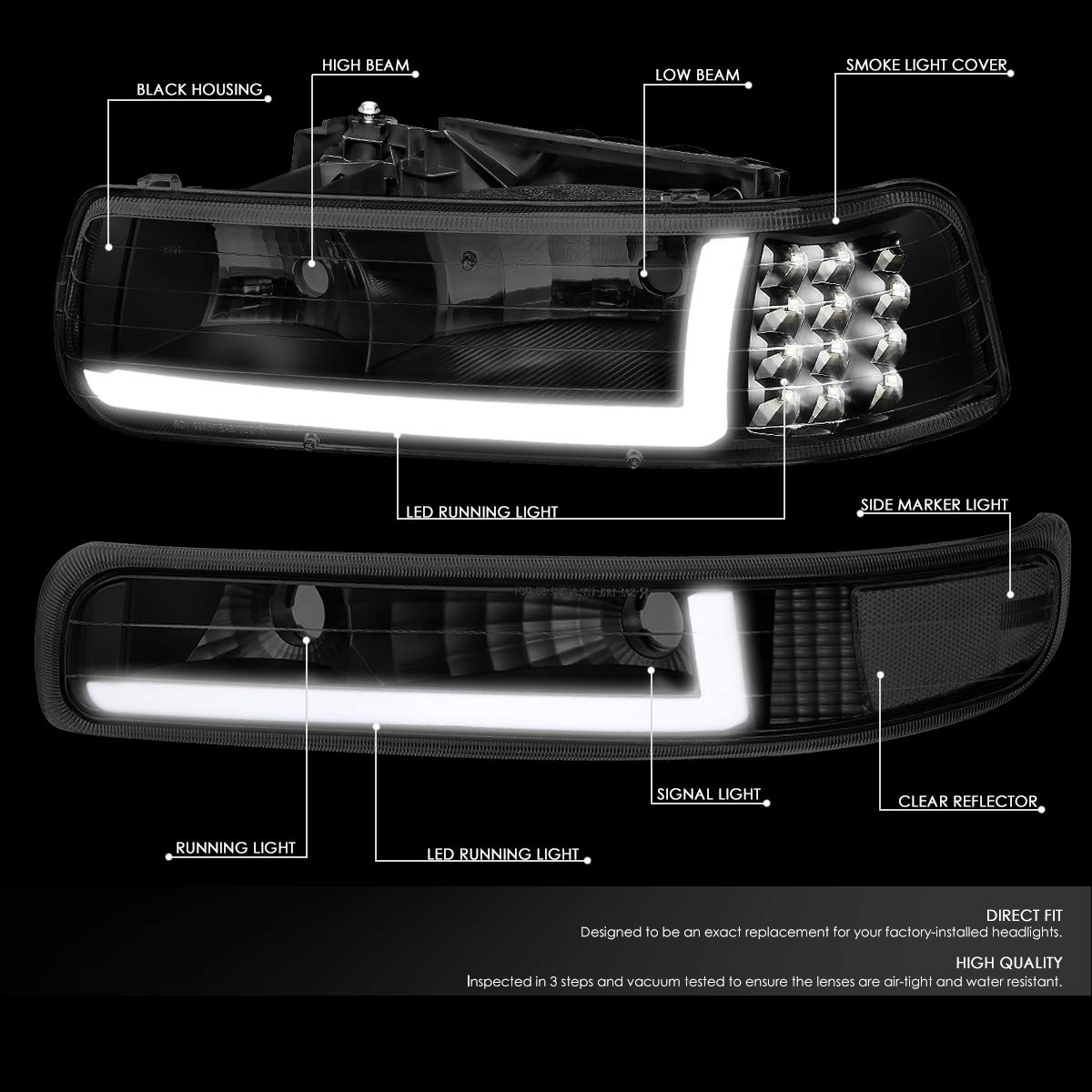 Dna Motoring Hl-Lb-Csil99-Bk-Sm-Cl1 Smoked Lens Pair Led Drl Headlight Bumper Lamps Compatible With 99-02 Silverado 1500 2500 00-06 Suburban/Tahoe