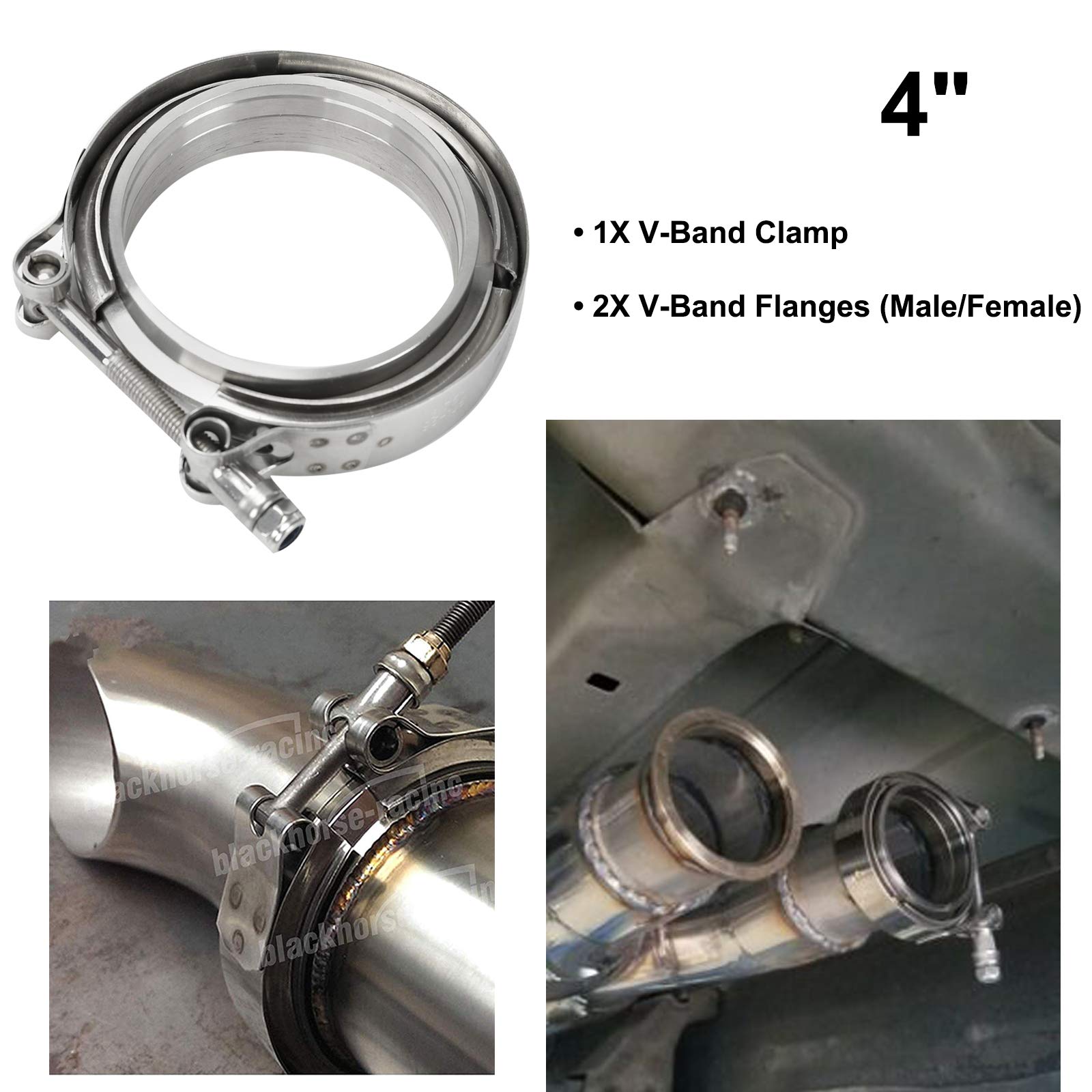 Blackhorse-Racing 4 Inch V Band Clamp With Stainless Steel Flange 4 Inch V Band Bolt Clamp With 2 Male Female Flanges For Turbo Pipe Performance Exhaust Sysformance Exhaust Pipes