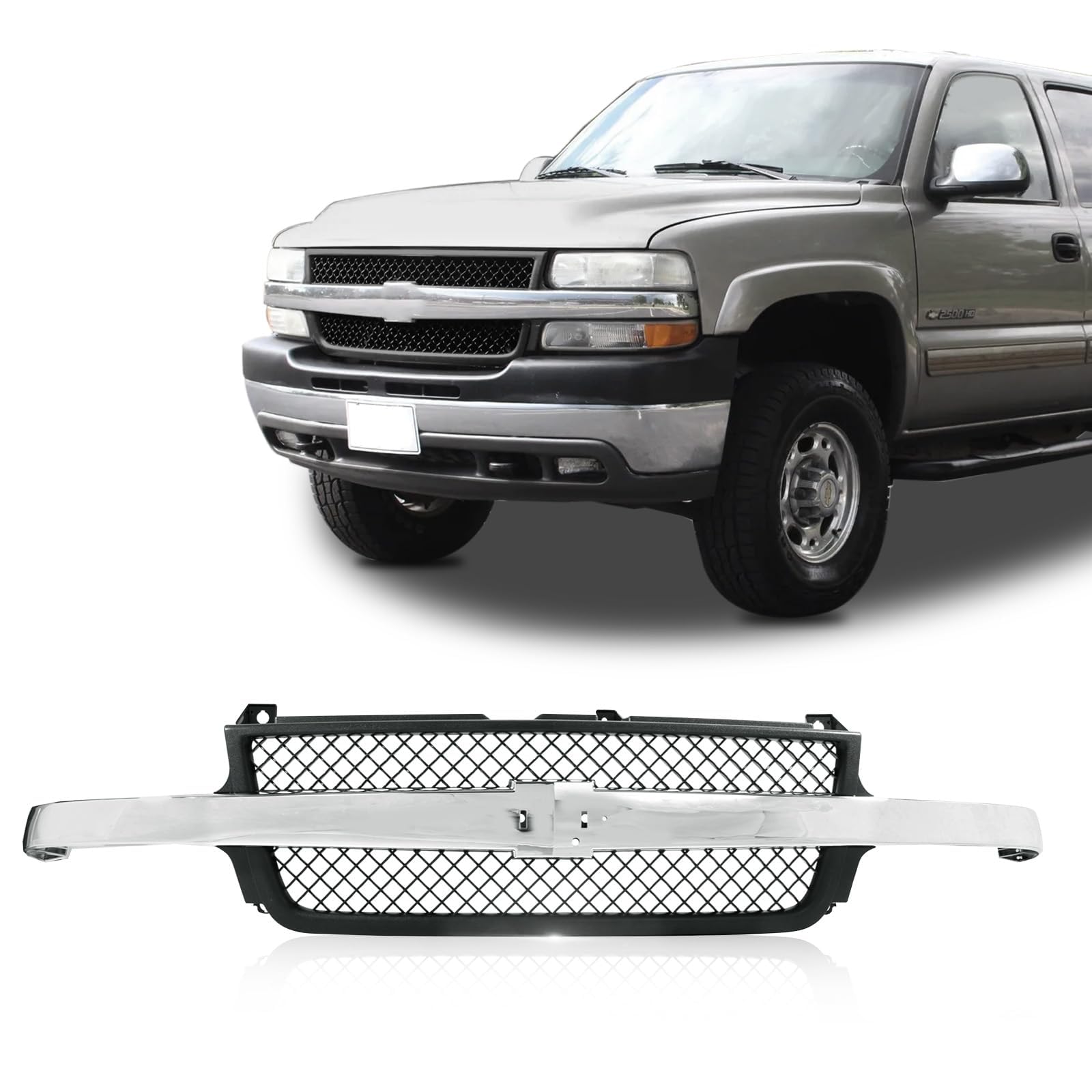Perfit Liner New Replacement Parts Front Grille Chrome Black Compatible With 2001 2002 CHEVY Silverado 2500 HD 3500 HD GM1200523