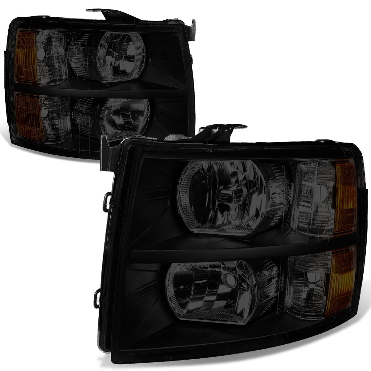 Dna Motoring Hl-Oh-Csil07-Bk-Sm-Am Pair Of Black Housing Smoke Lens Amber Headlights Compatible With 07-13 Silverado 1500/07-14