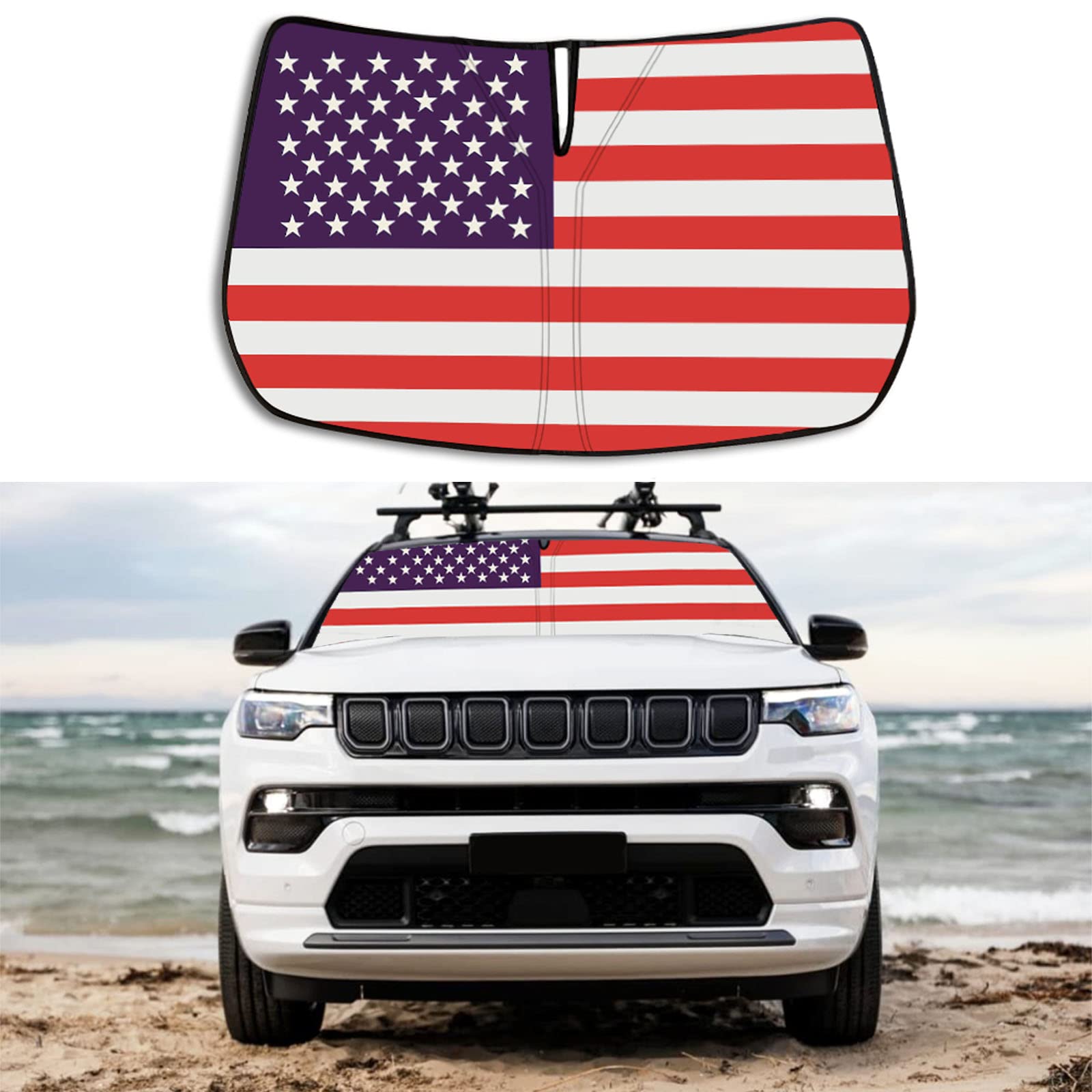 Moricere Upgrade Windshield Sun Shade With Usa Flag For Jeep Compass 2017-2023, Foldable Windshield Sun Visor Blocks Uv Rays