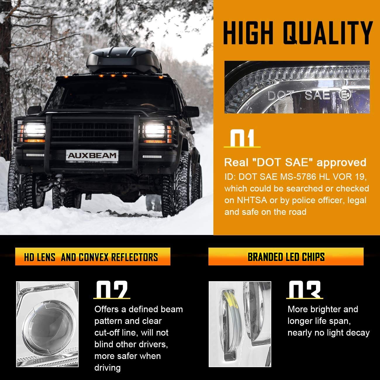 Auxbeam 5X7 Led Headlights, 110W 7X6 Led Headlight With High Low Beam, Dot Approved Sealed Beam Rectangular H6054 Headlamp For J