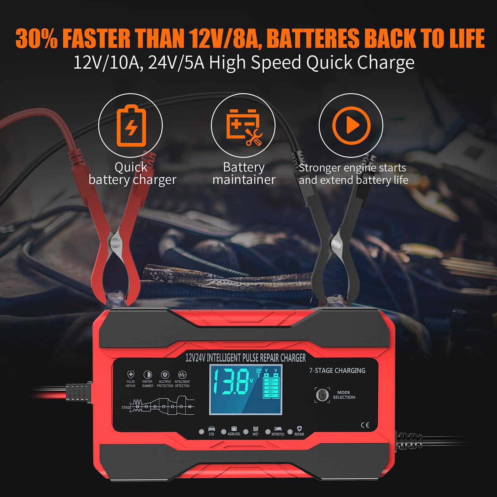 Yonhan Battery Charger 10-Amp 12V And 24V Fully-Automatic Smart Car Battery Charger, Battery Maintainer Trickle Charger, And Battery Desulfator With Temperature Compensation