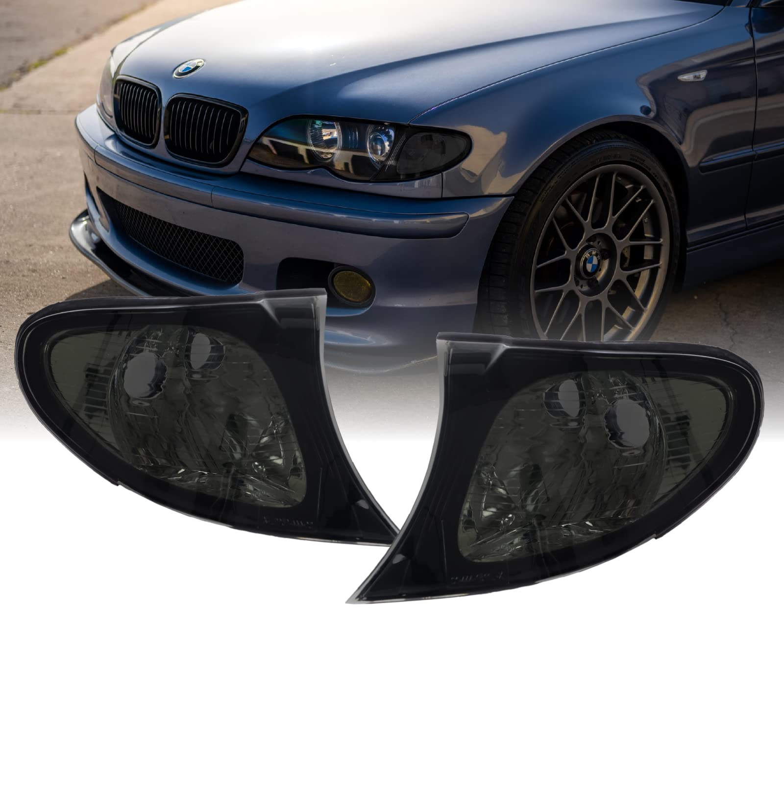 DEPO 02-05 E46 4D Cornering Lights - OE Euro Smoke Corner Turn Signal Lamps Set (Left + Right) Compatible with 2002-2005 BMW E46
