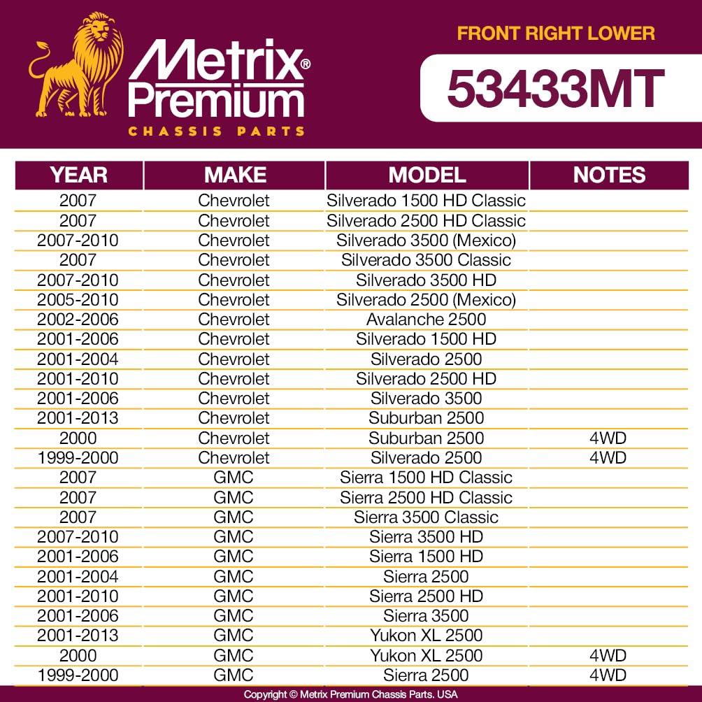Metrix Premium Chassis Parts - Front Right Lower Control Arm W Ball Joint & Bushing Assembly Fits 01-06 Chevrolet Silverado 3500