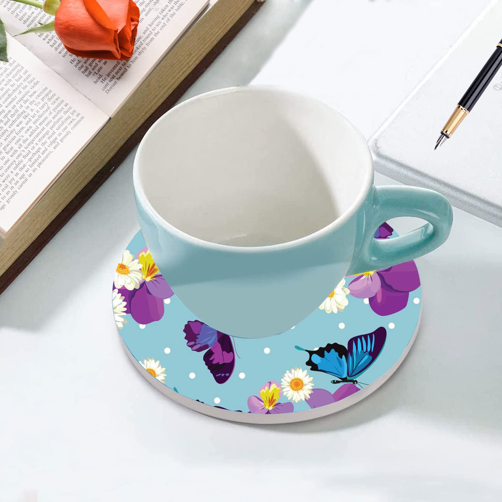 Blue Butterfly Steering Wheel Cover for Women Men with 2 Pcs Car Coasters, Universal 14.5-15 Inch Cute Steering Wheel Covers Non