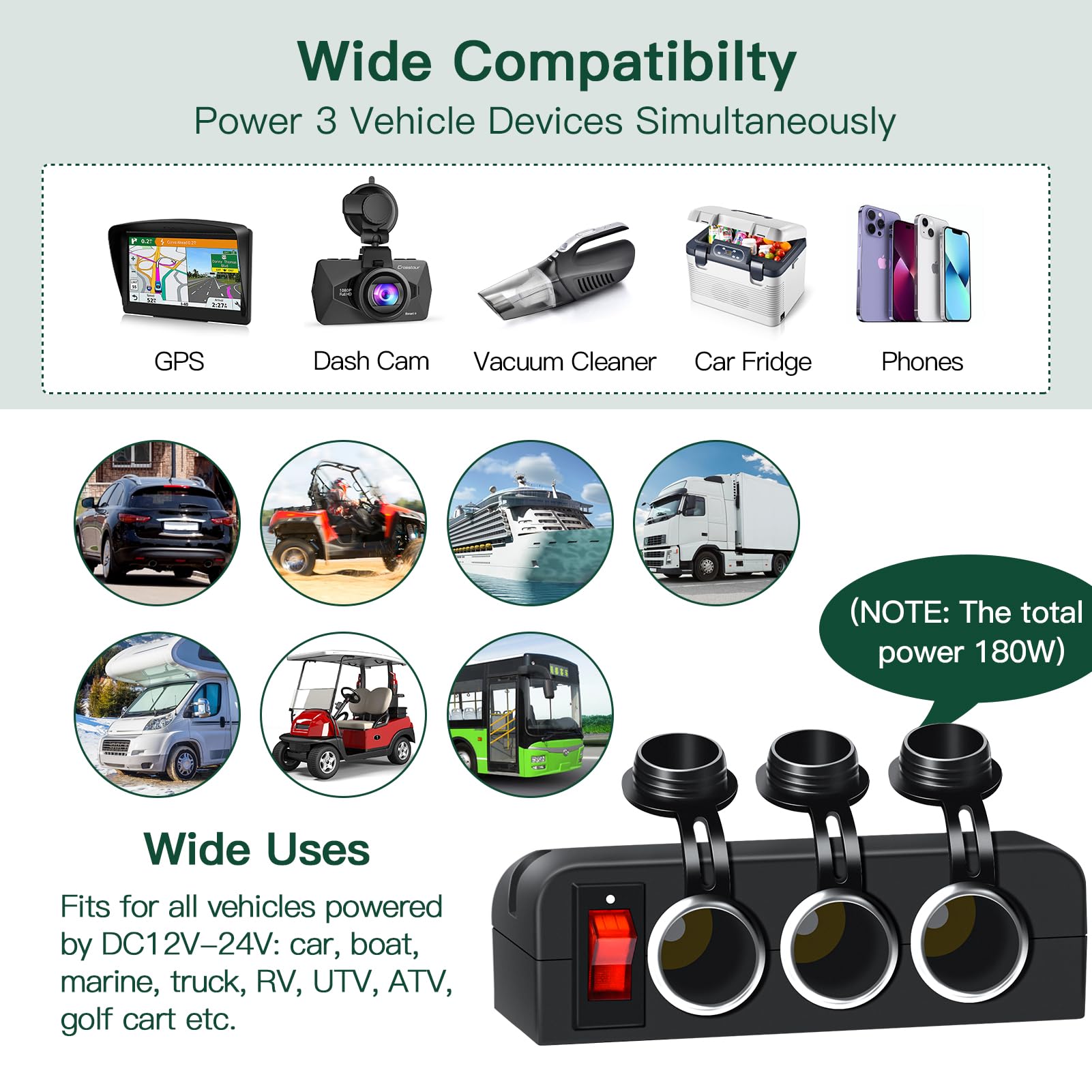 12V Cigarette Lighter Socket With On/Off Switch, 3 Socket Car Cigarette Lighter Splitter 12 Volt Power Outlet Adapter Waterproof