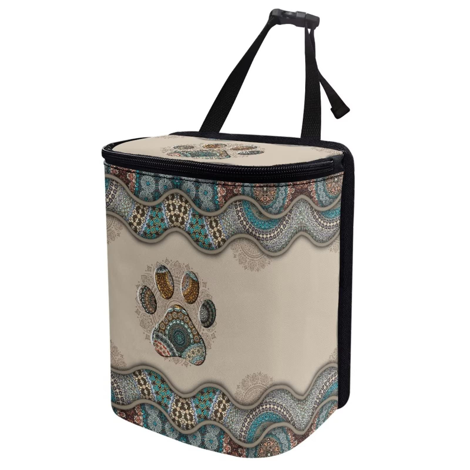 Talayituse Boho Paws Print Car Trash Can with Lid, Leak Proof Auto Trash Bag Hanging Vehicle Garbage Can Multipurpose Storage Co