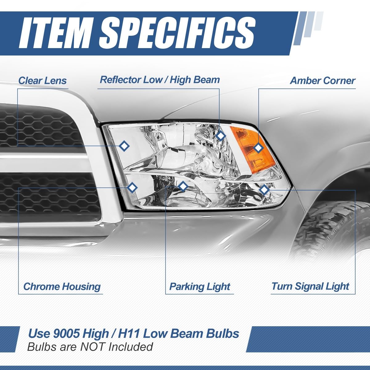 Auto Dynasty Quad Halogen Headlights Assembly Compatible With Dodge Ram 1500-5500 (New Body Style) 2009-2018, Driver And Passeng