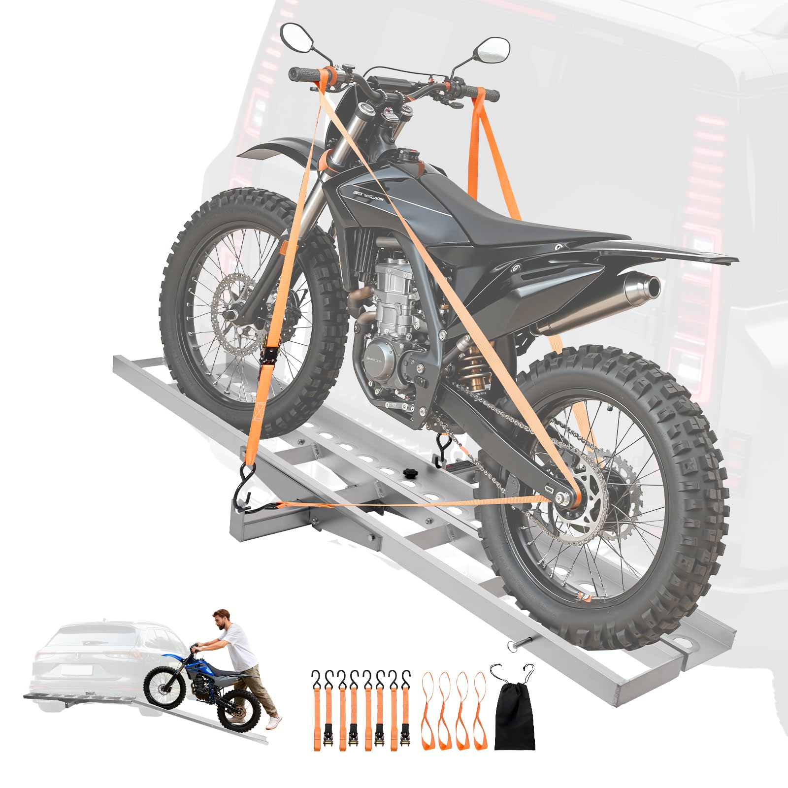 VEVOR Motorcycle Carrier, 400 lbs Capacity, Heavy Duty Aluminum Hitch Mount Rack with 73in Loading Ramp, Straps & Stabilizer, Sc