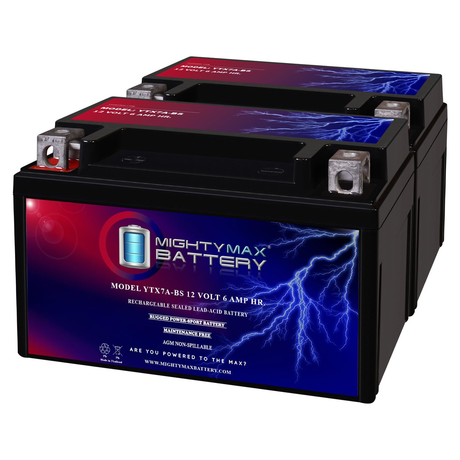 Mighty Max Battery Ytx7A-Bs 12V 6Ah Sealed Lead Agm Battery For Motorcycle - 2 Pack