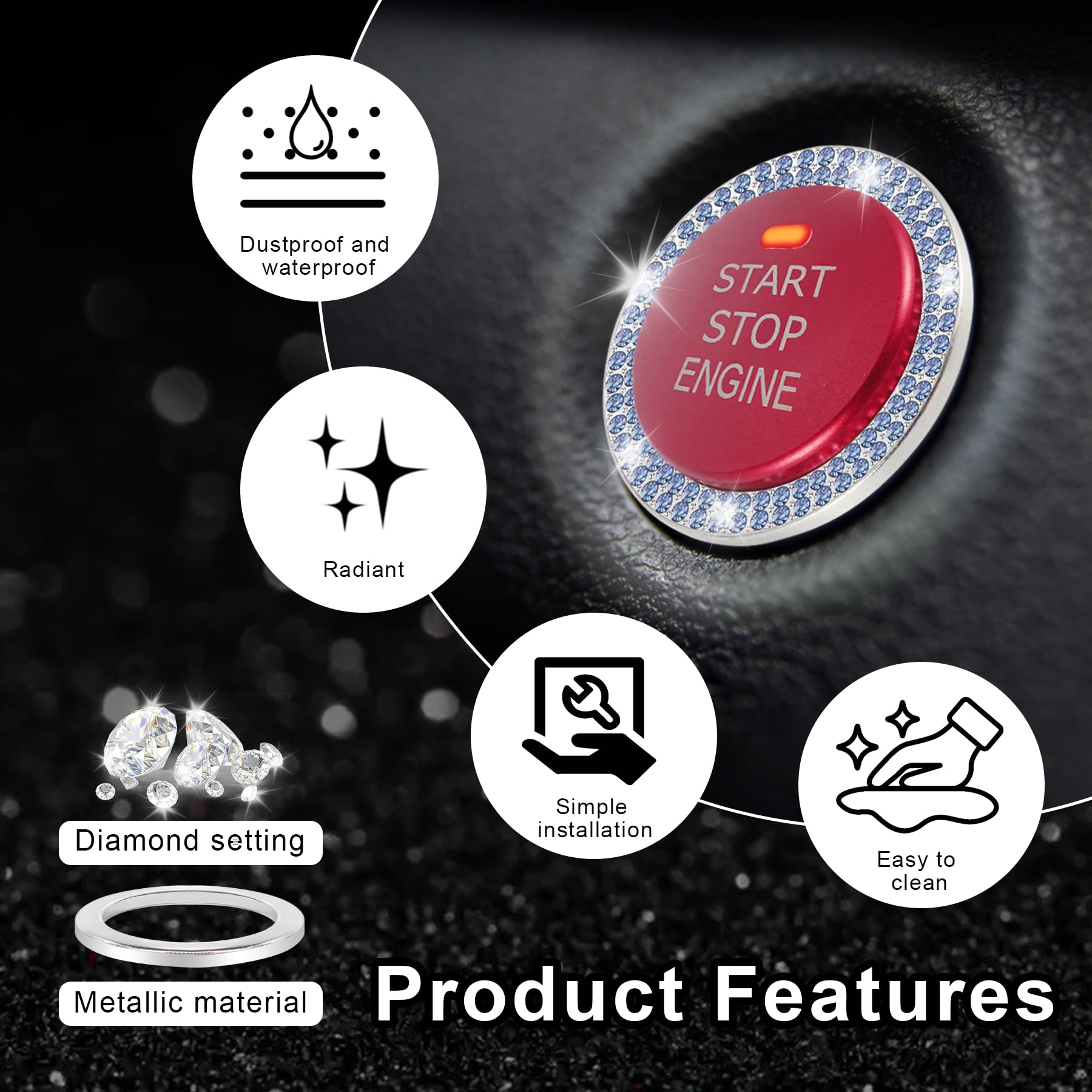 Livtee Car Engine Start Stop Decoration Ring, Crystal Double Rhinestone, Push To Start Button Cover/Sticker, Key Ignition & Knob