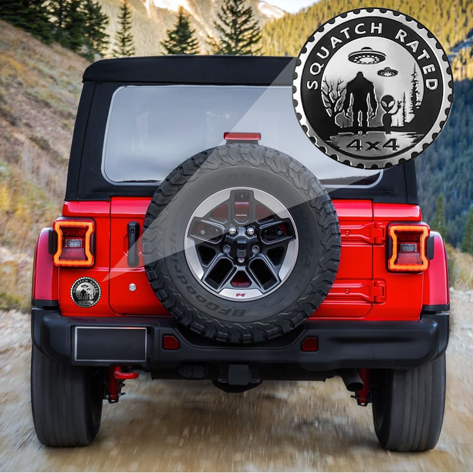 Squatch Aliens Badge Rated Car Emblem, 4 X 4 Metal Automotive Bigfoot Badge 3D Metal Car Badges Emblems Round Emblem Decals Car Badge Decals Stickers Compatible With Jeep Wrangler Vehicles Trucks Suv
