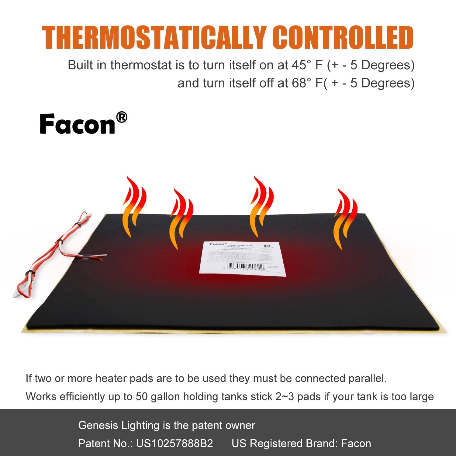 Facon 2Pack Rv Tank Heater Pads With Thermostat, 12' X 18', 13.5V Dc, Qai Certified, Prevents Freezing For Fresh, Grey, Black Water Tanks, 50 Gallon Capacity, Easy Installation, Energy Efficient