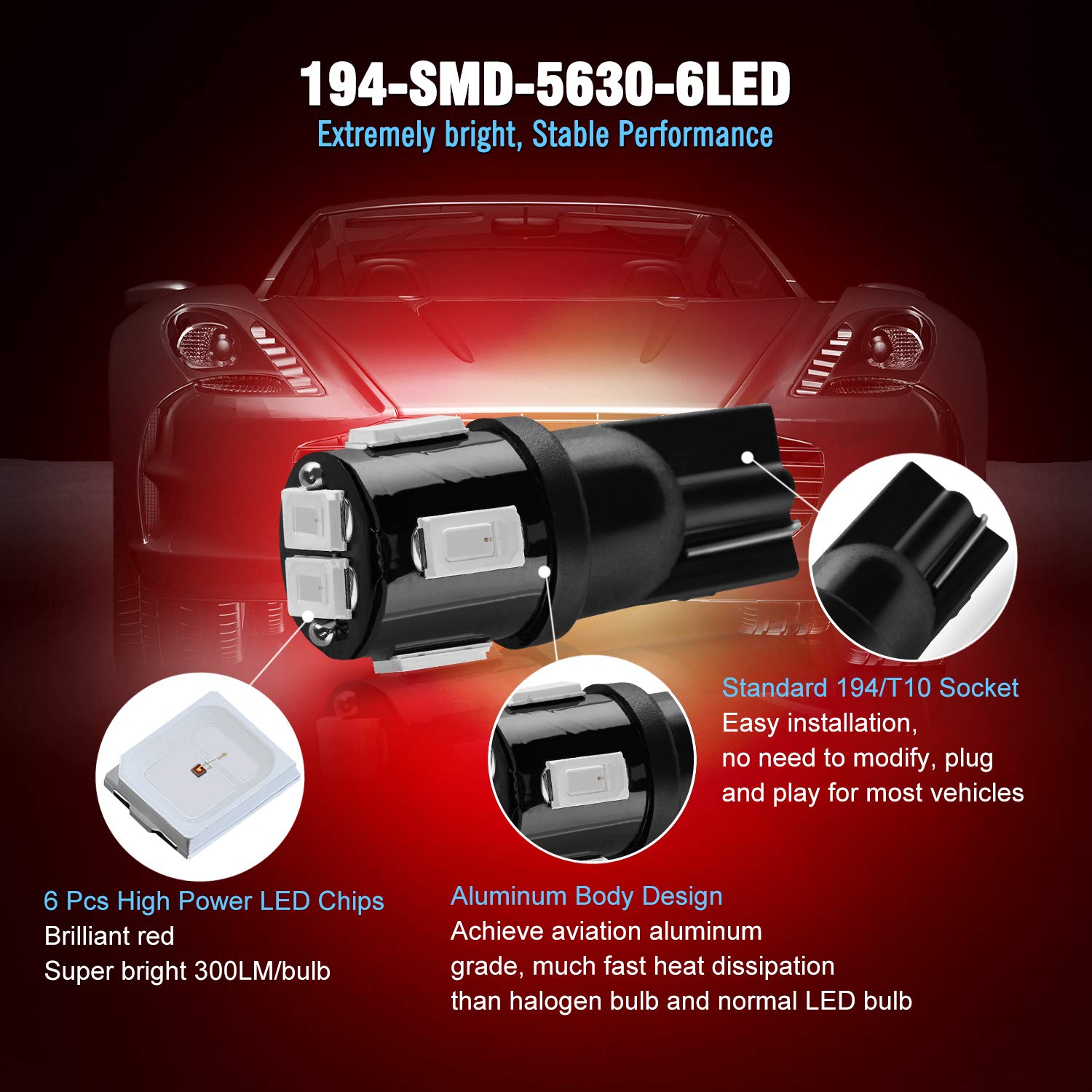 Brishine 194 Led Bulbs Extremely Bright Brilliant Red 5630 Chipsets 168 2825 175 T10 W5W Led Replacement Bulbs For Interior Map