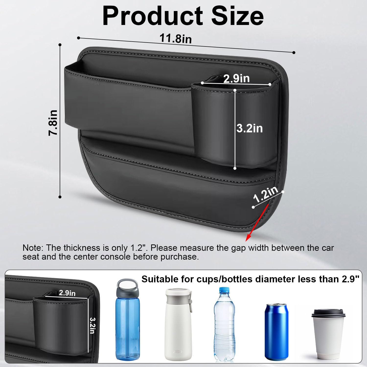 JINRUITOP Car Seat Gap Filler Organizer with Cup Holder, 2 Pack Adjustable Leather Car Side Seat Storage Box, Multifunction Inte