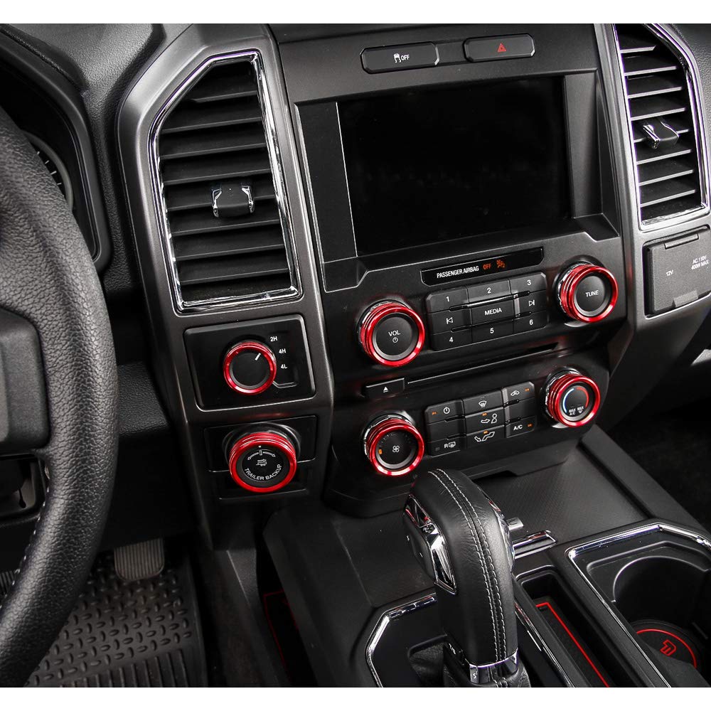 Keptrim For F150 Air Conditioner Switch & Trailer & 4Wd & Vol Knob Button Trim For Ford F150 Xlt 2016 2017 2018 2019, Red Alumin