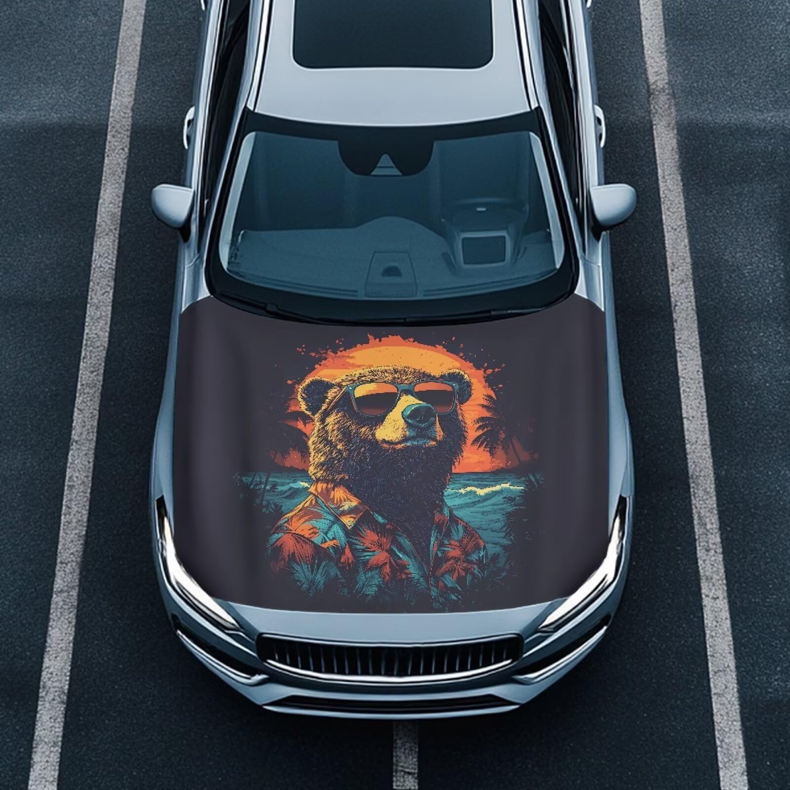 Qiyupavto 59  39 Inch Funny Bear Car Hood Cover Protector Waterproof Polyester Auto Hood Flag Stretchable Automotive Exterior Ac