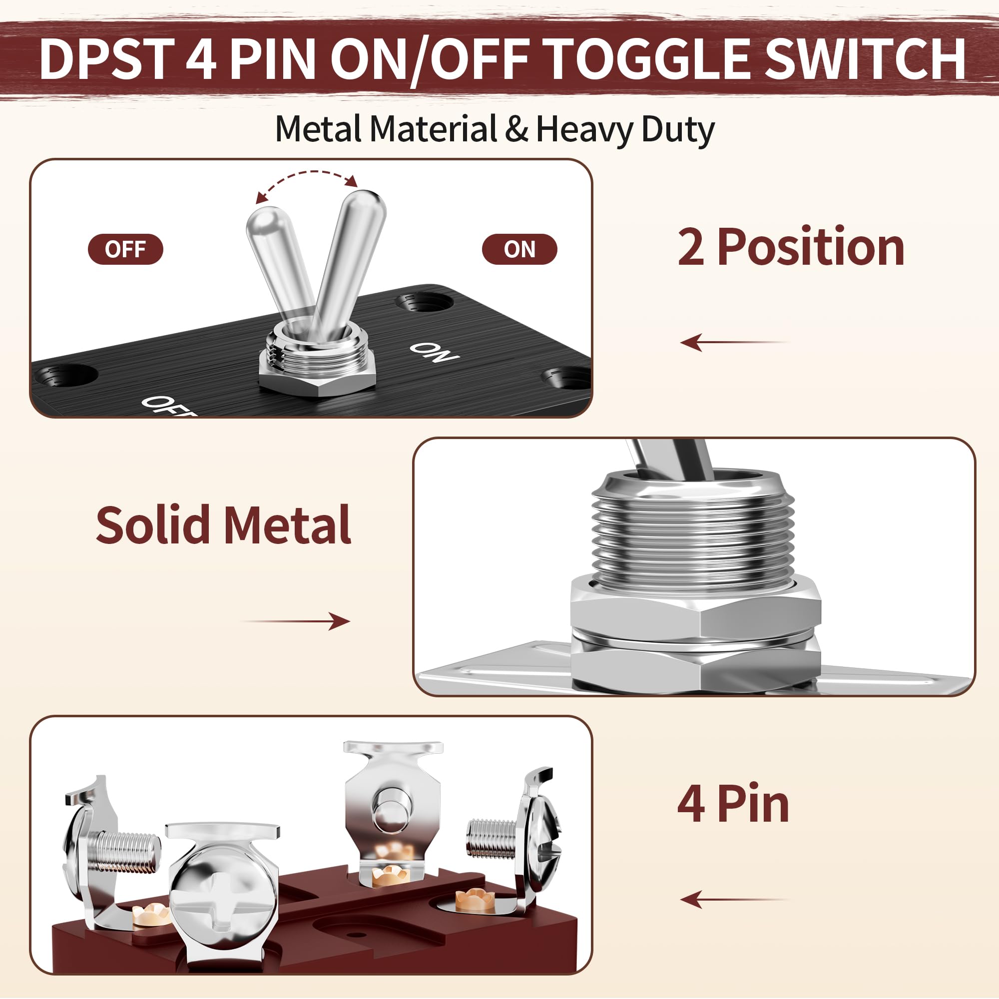 RVMARINEPAT Toggle Switch Waterproof ON/Off DPST 4 Pin 30A 12V DC 20A 120V AC Toggle Rocker Switch 2 Way with Mounting Panel Cov