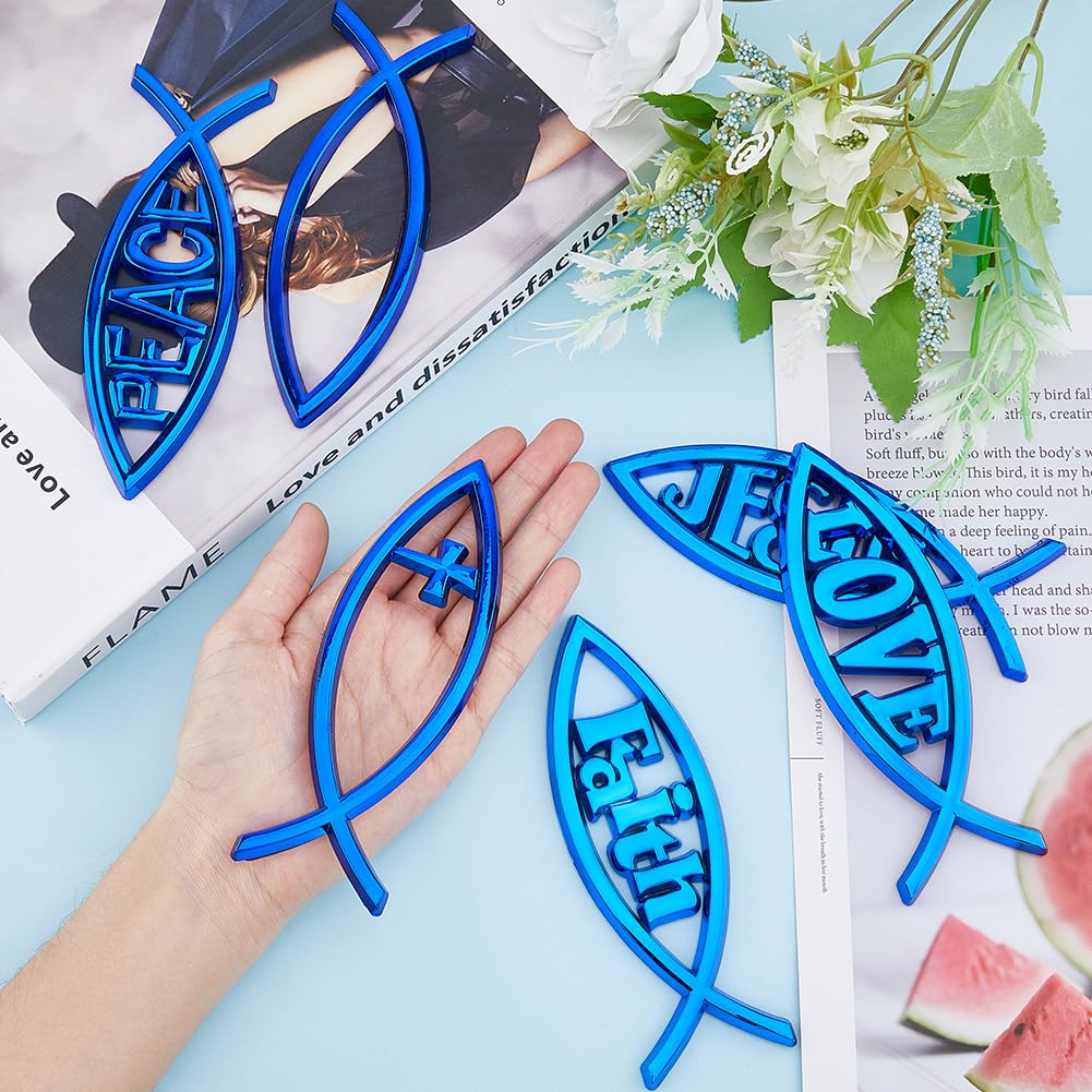 SUPERFINDINGS 6Pcs 6 Styles Blue Jesus Fish Decal Sticker Acrylic Cross Fish Auto Emblem Waterproof Love Peace Car Stickers Self