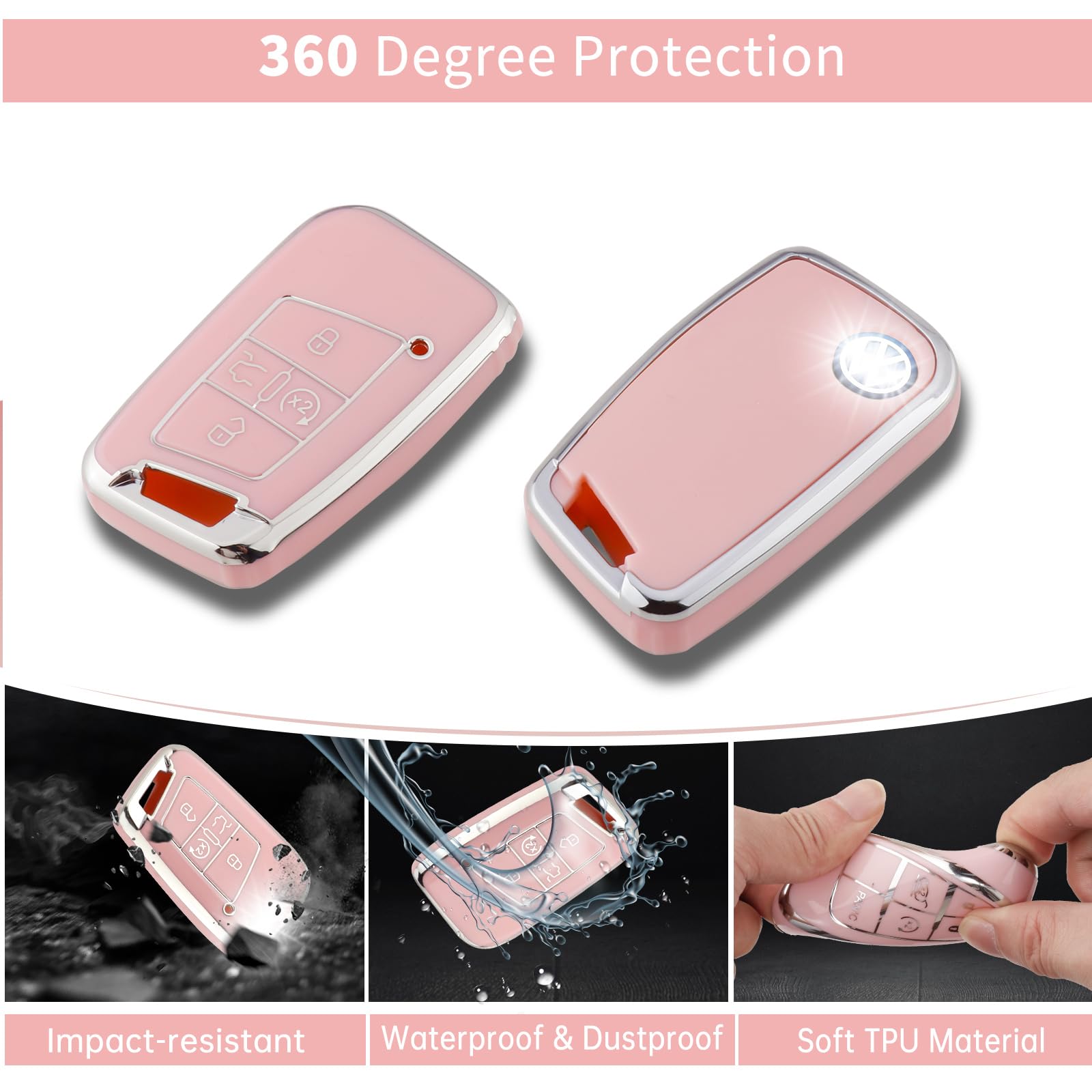 Pangpai Pink Car Accessories 3 Pcs For Vw Volkswagen Tiguan Atlas Jetta Passat Golf Alltrack Key Fob Cover With Bling Keychain C