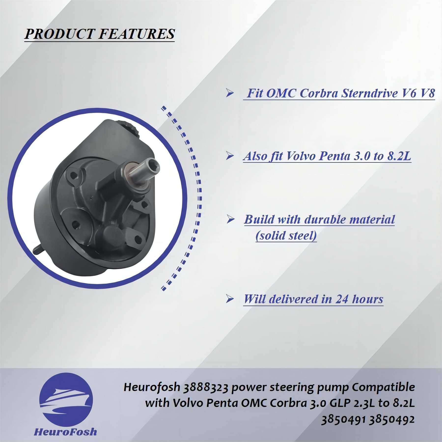 HeuroFosh 3888323 Power Steering Pump Compatible with Penta OMC Corbra 3.0 GLP 2.3L to 8.2L 3850491 3850492
