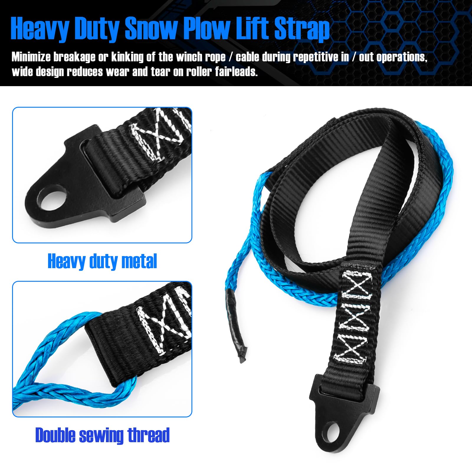 Alocs Plow Strap for ATV UTV Winch, 64 Inch Heavy Duty Alloy Steel, Blue, Model 1, Snow Plow Lift Strap for Standard/Wide Winches