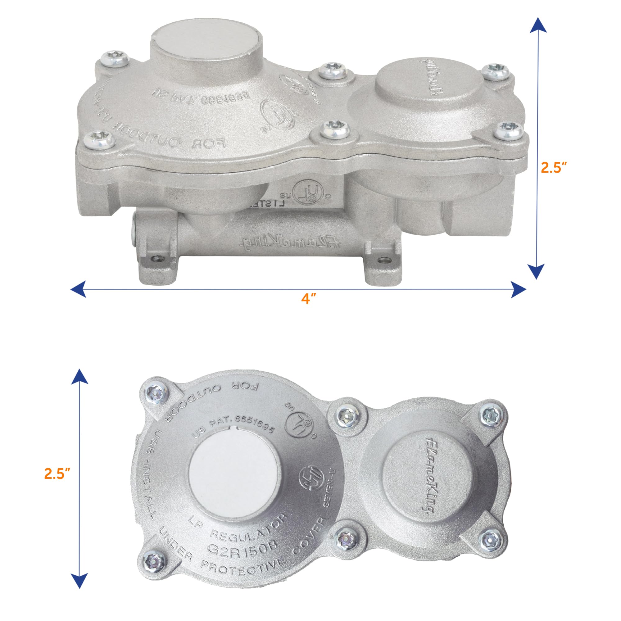 Flame King 160,000 BTU Vertical 2-Stage Propane Regulator for RVs, Silver, Model G2R150B