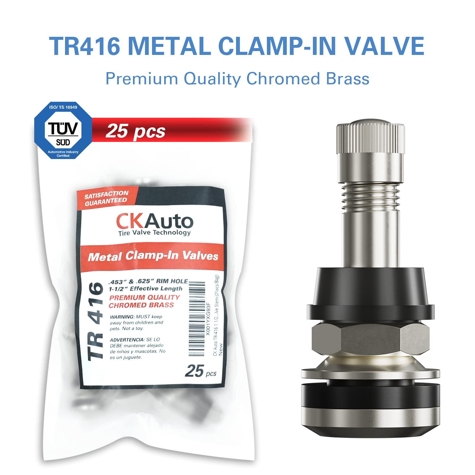 Ckauto 25 Pieces Tr416 Metal Valve Stems Outer Mount Fits .453" & .625" Rim Holes Long 1 1/2", Silver