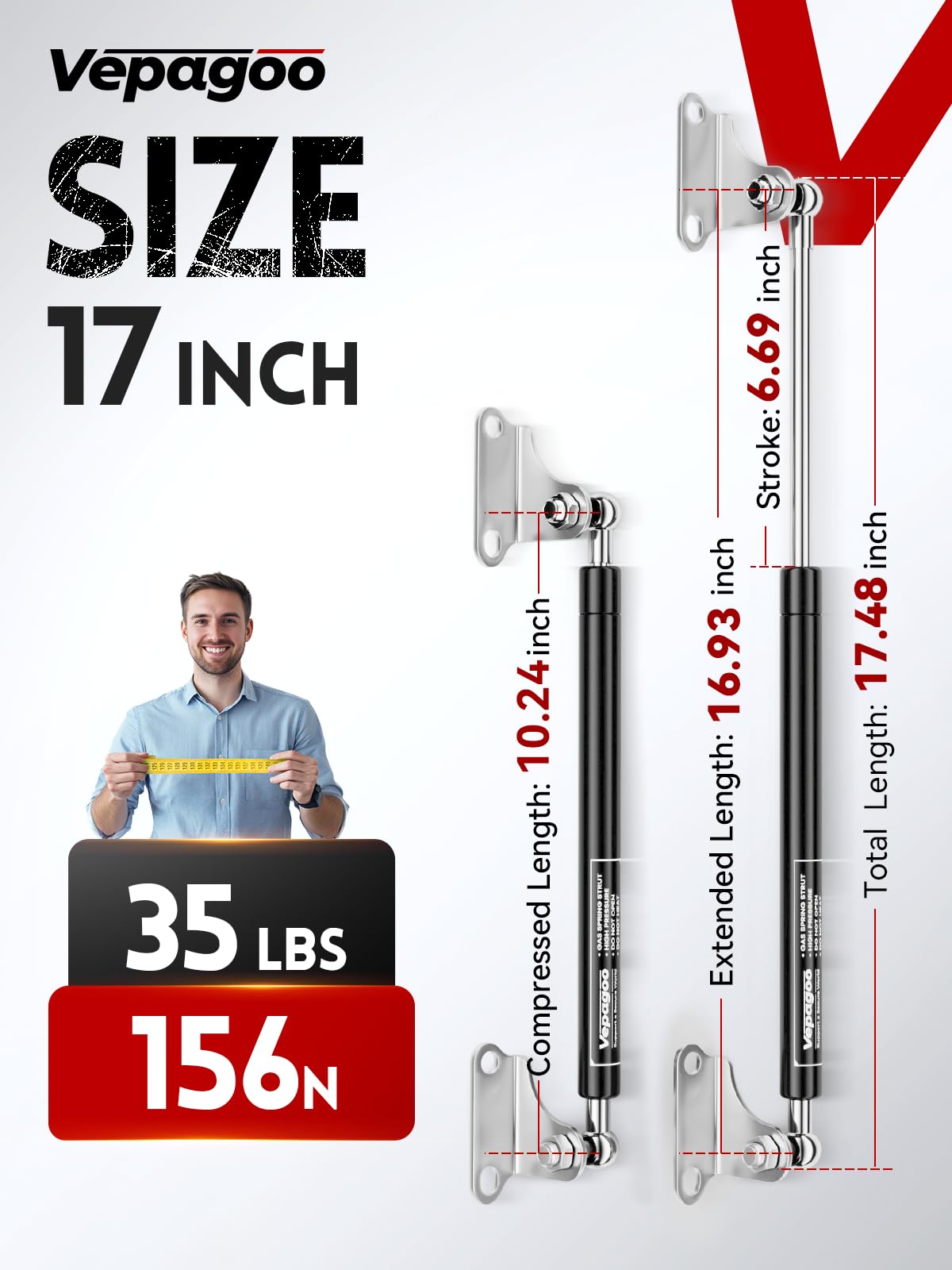 Vepagoo Gas Struts 17 Inch 35Lb/156N Shock With Mounting Brackets, Lift Supports For Tool Box Boat Hatch Rv Bed Cabinet Cover Do