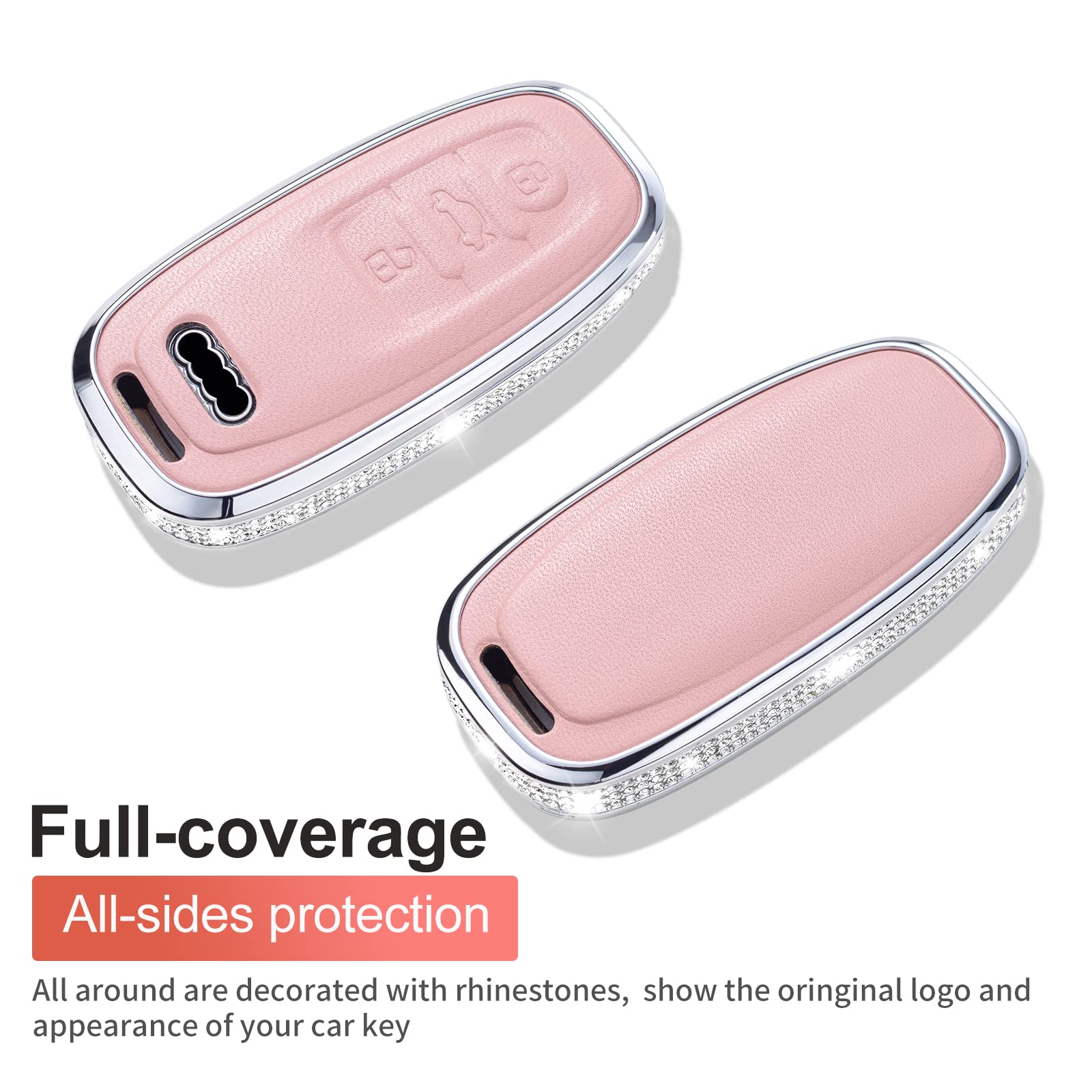 Ruabiban Compatible Audi Key Fob Cover, Pink Genuine Leather Crystal Case For Audi A4 A5 A6 A7 A8 Q5 Q7 S3 S4 S5 S6 S7 S8 Sq5 Rs