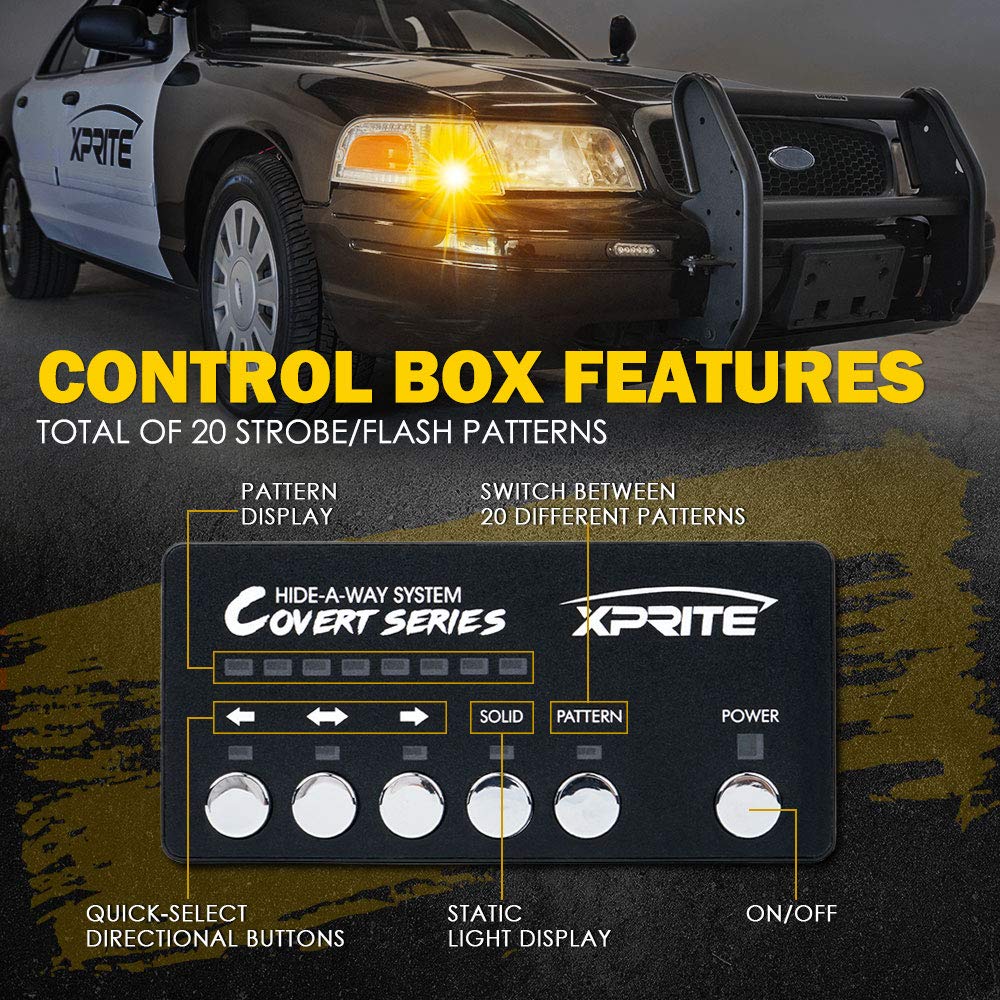 Xprite Amber Led Hideaway Strobe Lights Kit 20 Flashing Patterns W/Control Panel Headlights Taillights Fog Light Mounting, For R