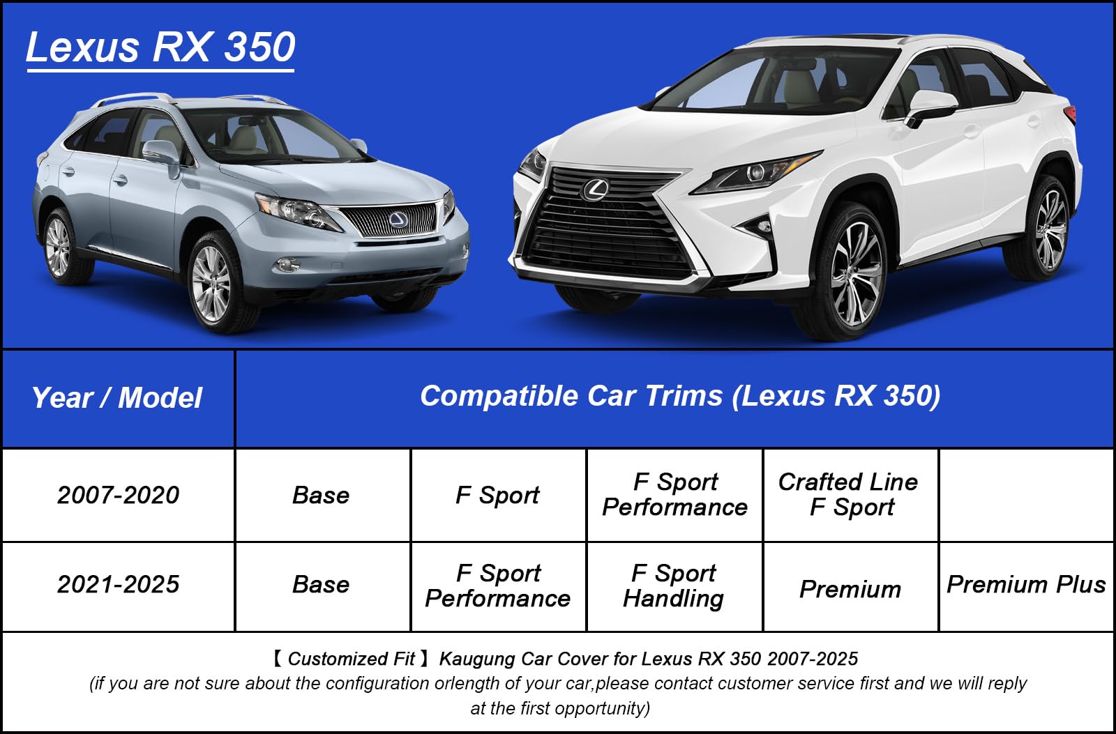 Kaugung Car Cover Waterproof Custom Fit Lexus Rx 350(1997-2025), Full Exterior Cover For Automobiles Lightweight Resistant Outdo