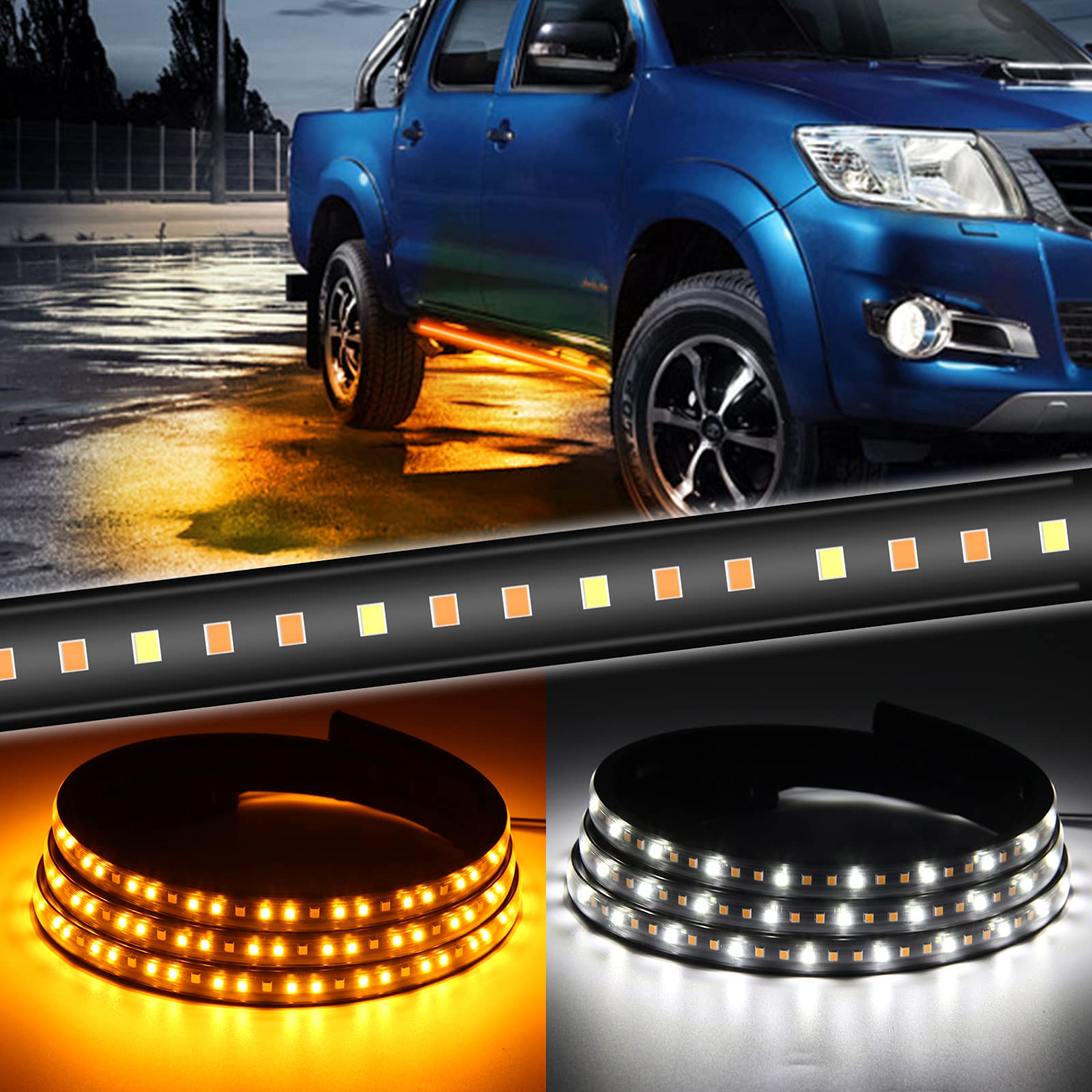 2Pcs 60 Inch Led Board Running Light Amber Side Marker Turn Signal Sequential & White Courtesy Light Bar Strip For Extended Crew Cab Trucks Pickup Suv,Car (60 Inch)