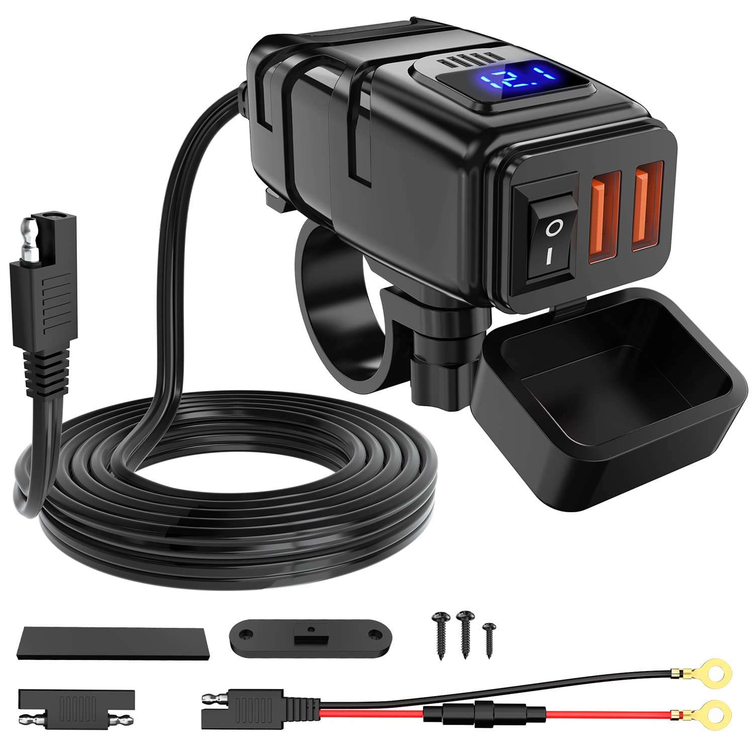Nilight Motorcycle Charger With 12V Voltmeter Independent On Off Switch Sae Usb Adapter Inline 10A Fuse Waterproof 6.8A Dual Qc3.0 Fast Charging Phone Tablet For 7/8Inch Handlebar Atv