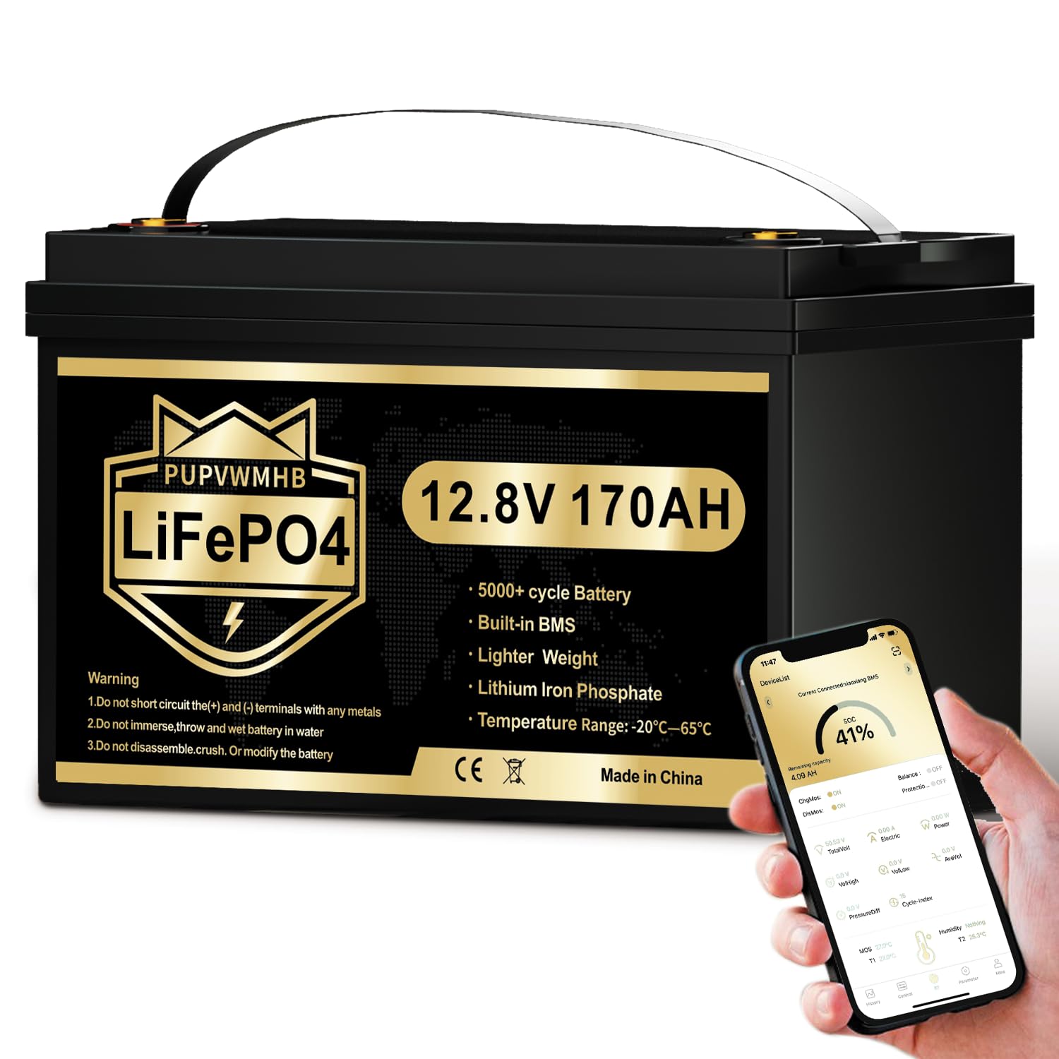 PUPVWMHB LiFePO4 12V 170Ah Car Battery Bluetooth 150A BMS Over 5000 Times Deep Cycle Lithium Battery 2176W Low Temperature Shutd