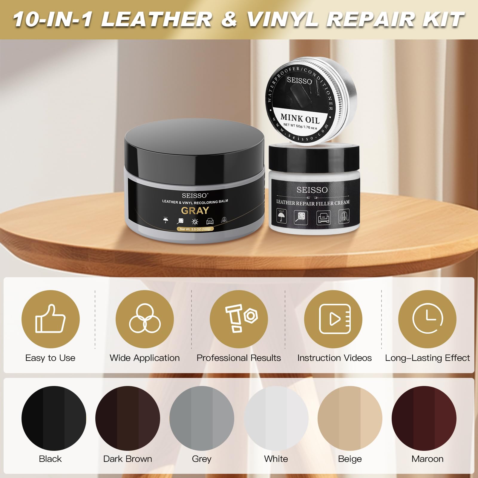 SEISSO Leather Repair Kit for Furniture, Gray Vinyl Repair Kit with Mink Oil Car Interior Leather Recoloring Balm for Scratches,