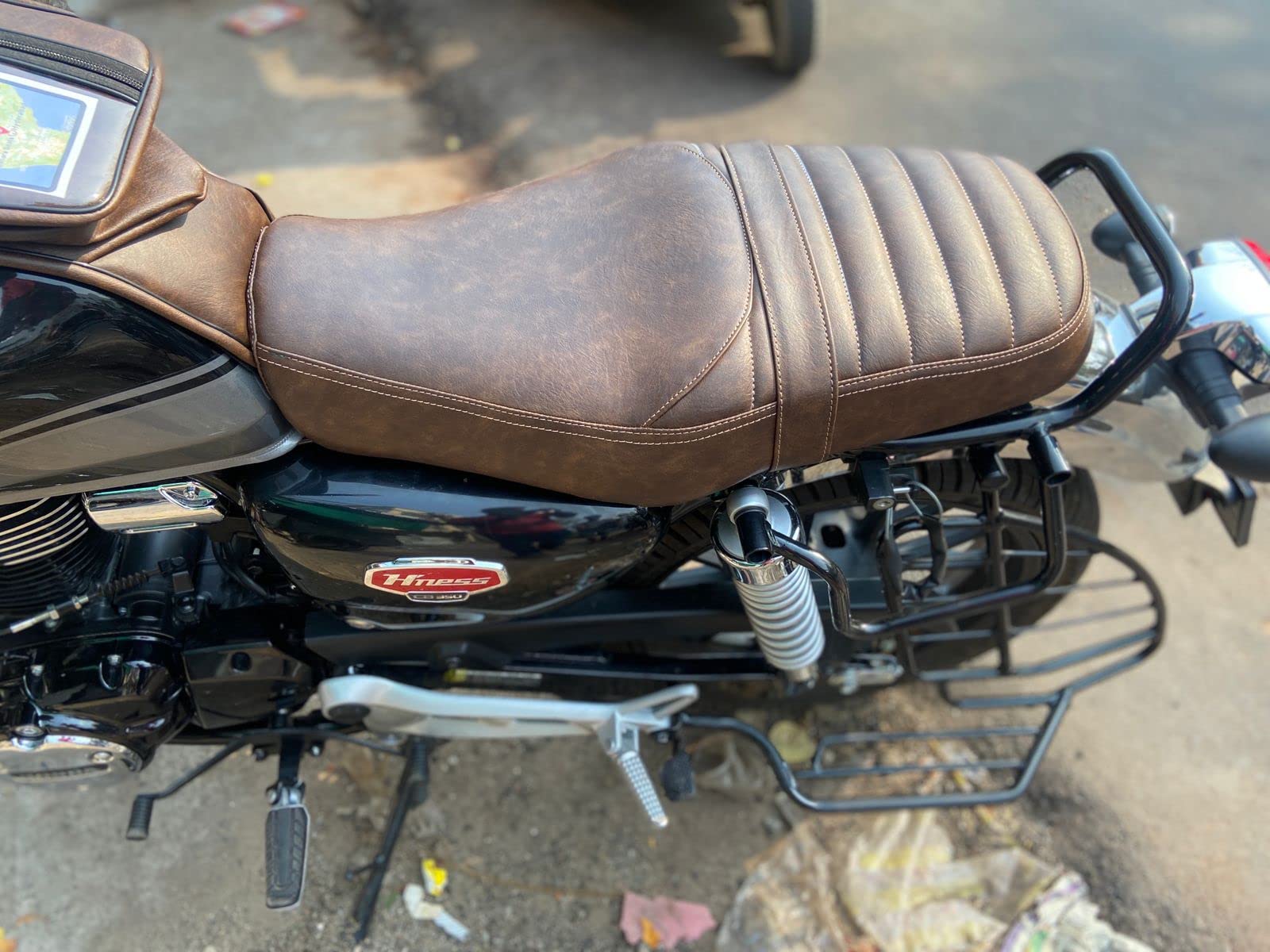 Sahara Seats Compatible with Highness CB 350 Added Cushion Half Stripes Leatherette Seat Cover (Dual Tone Brown)