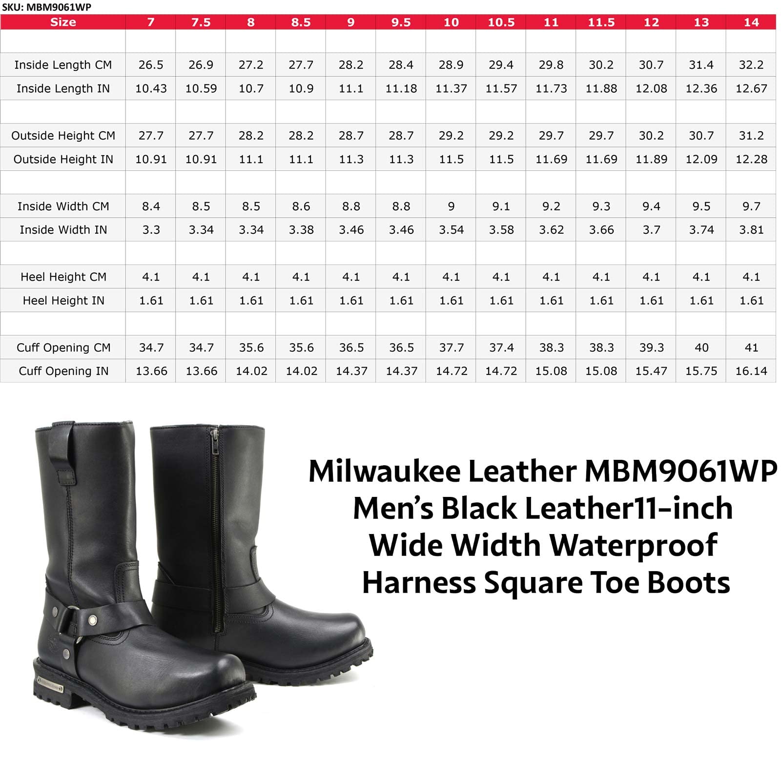Milwaukee Leather Mbm9061Wp Men’S Black Leather11-Inch Wide Width Waterproof Harness Square Toe Boots - 11W