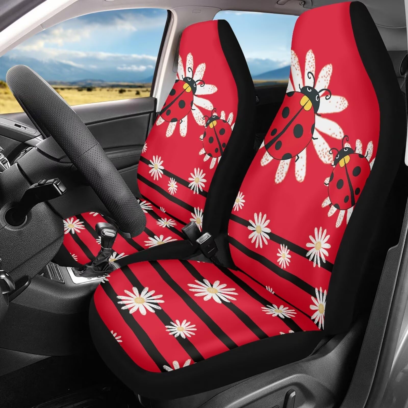 Toaddmos Cartoon Ladybirds Front Seat Covers For Cars White Daisy Driver Car Seat Cover Soft Comfort Bucket Seat Covers Universa