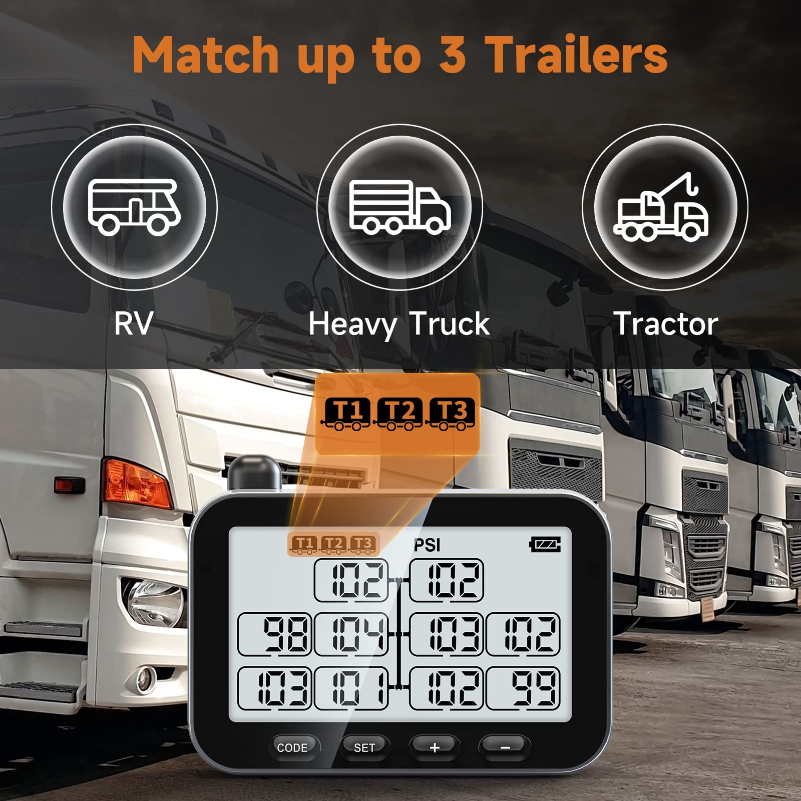 Guta Trailer Tire Pressure Monitoring System - Rv Tpms, 4 Sensors, 6 Alert Modes, Power Saving Display, Long Sensing Distance, W