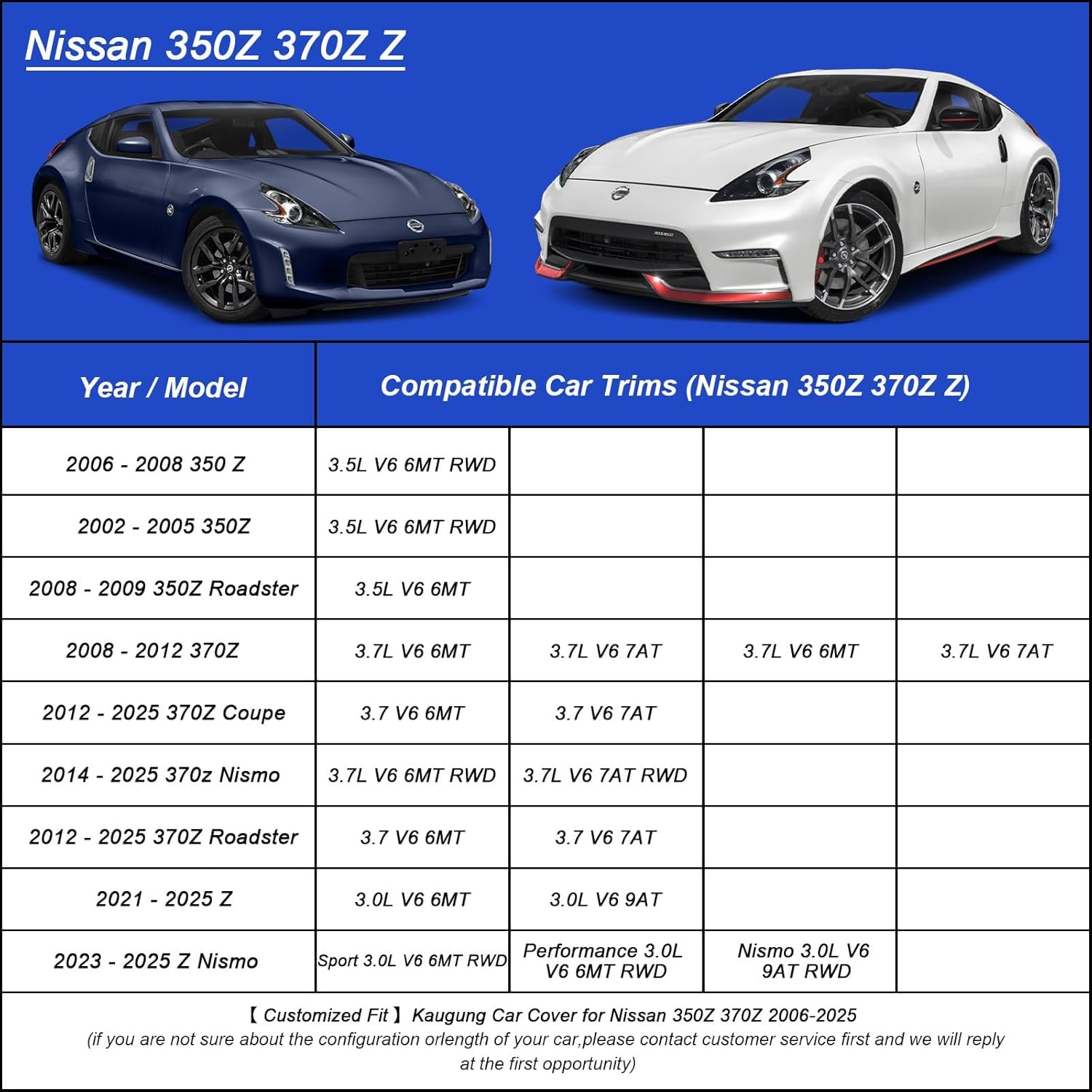 Car Cover Waterproof Custom Fit Nissan 350Z 370Z Z (2002-2025), Full Exterior Cover for Automobiles Lightweight Resistant Outdoo