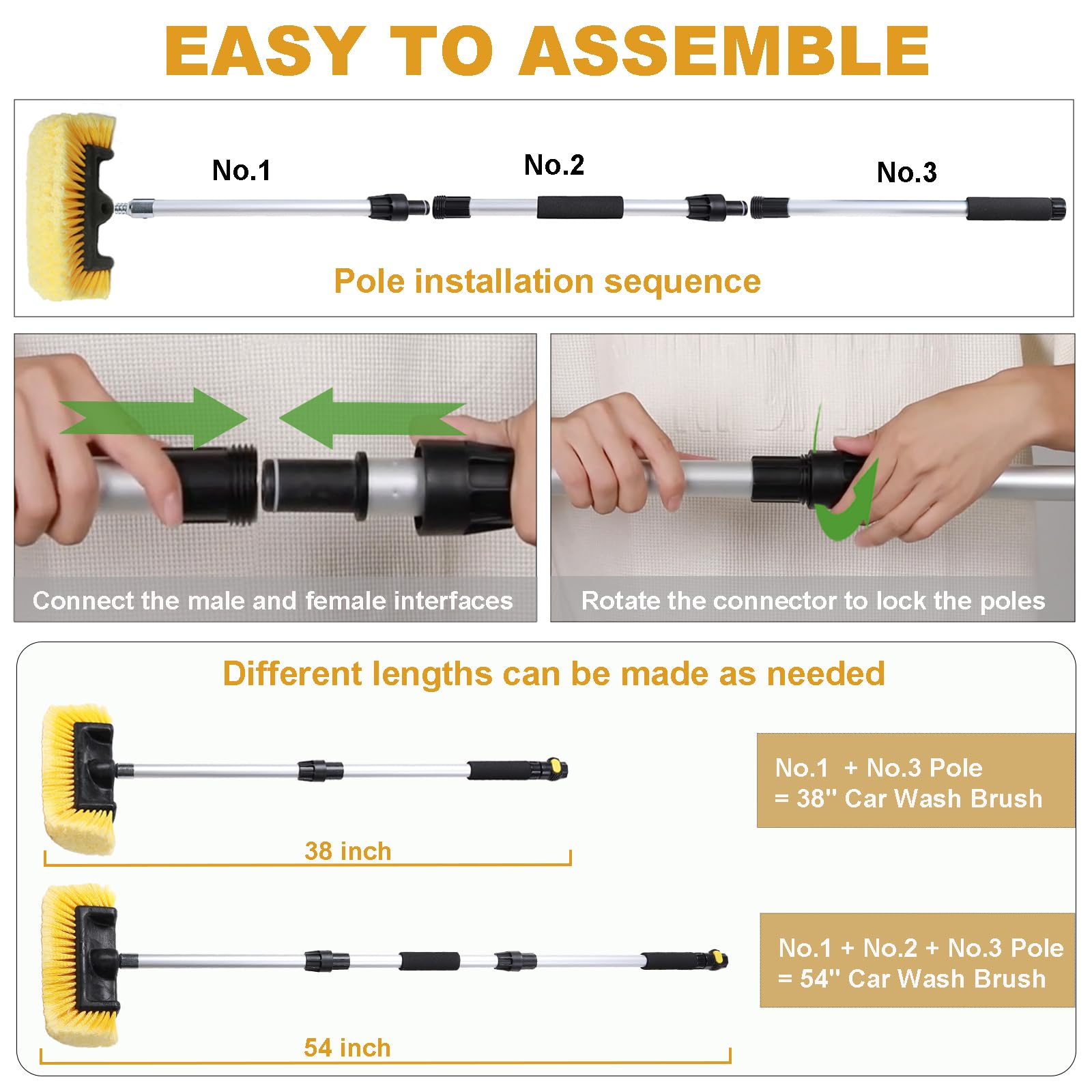 NAVAPAL 54 Yellow Car Wash Brush with Water Flow-Thru, Hose Attachment for Cars, RVs, Boats, and Solar Panels